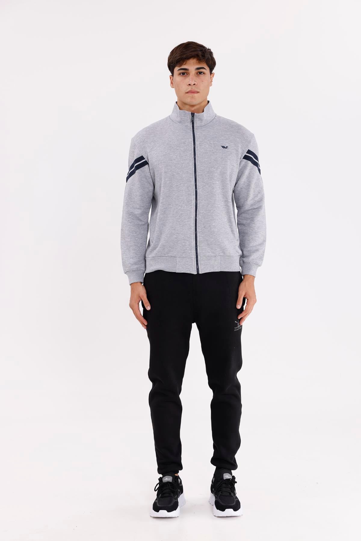 Dik Yaka Çift Şerit Kollu Tam Fermuarlı Sweatshirt