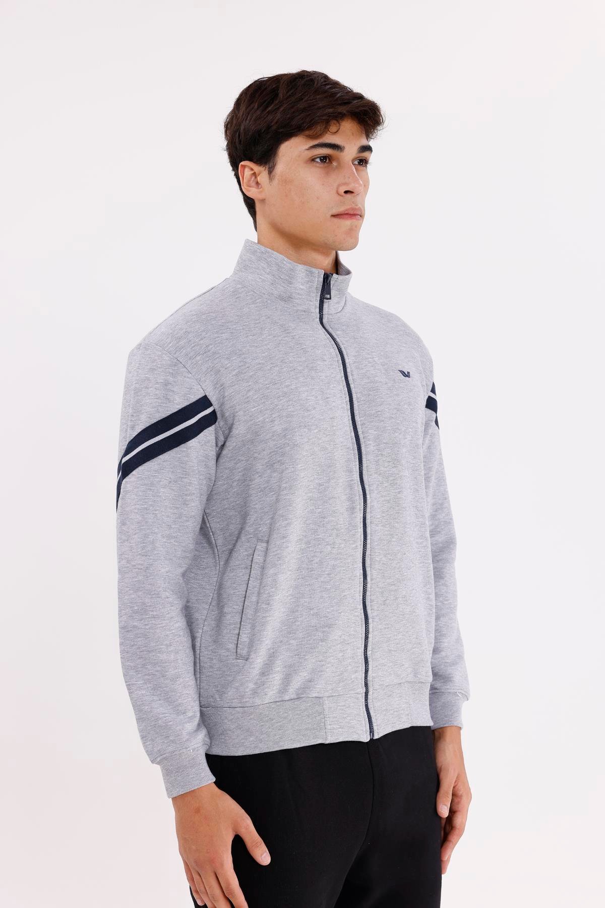 Dik Yaka Çift Şerit Kollu Tam Fermuarlı Sweatshirt