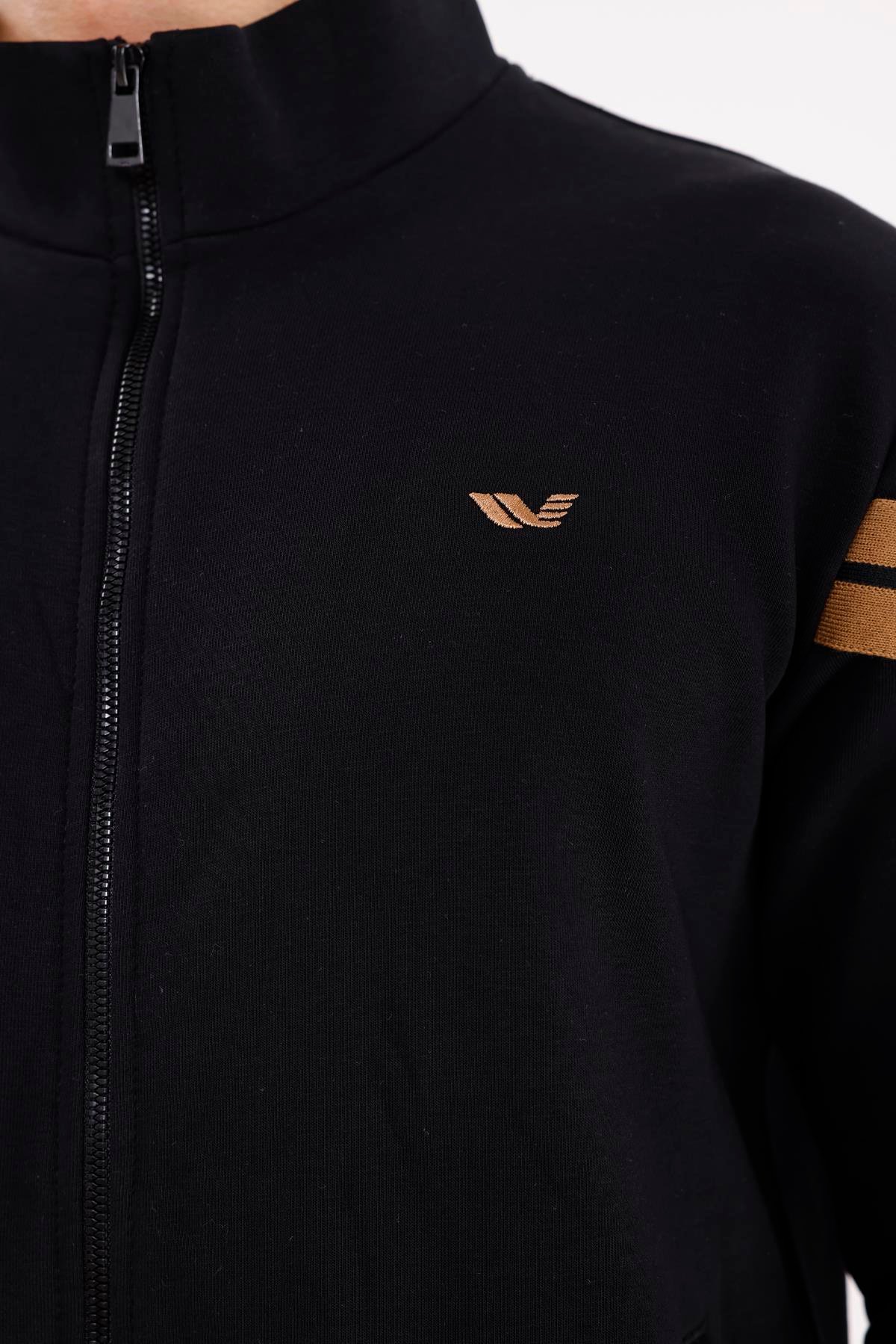 Dik Yaka Çift Şerit Kollu Tam Fermuarlı Sweatshirt