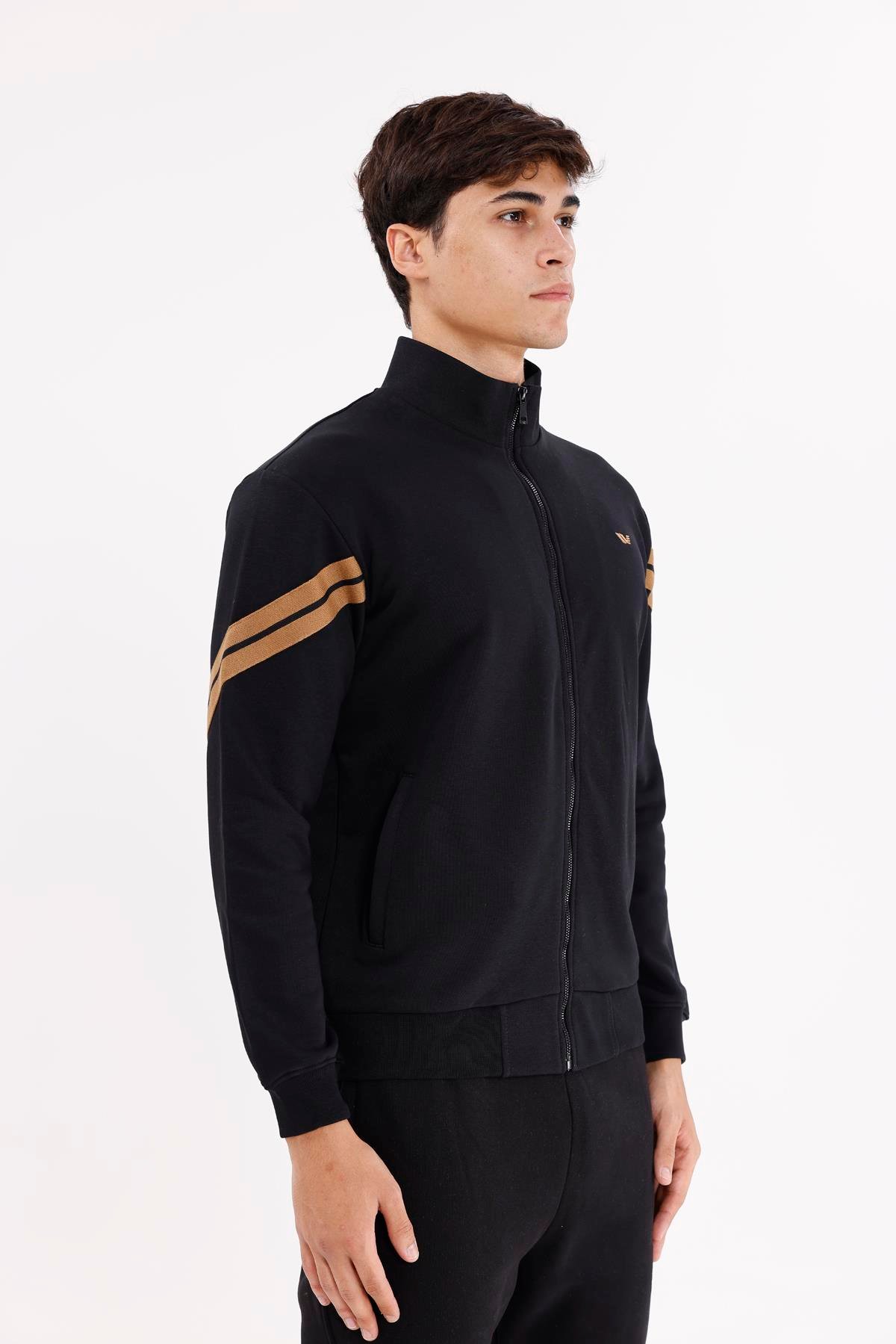 Dik Yaka Çift Şerit Kollu Tam Fermuarlı Sweatshirt