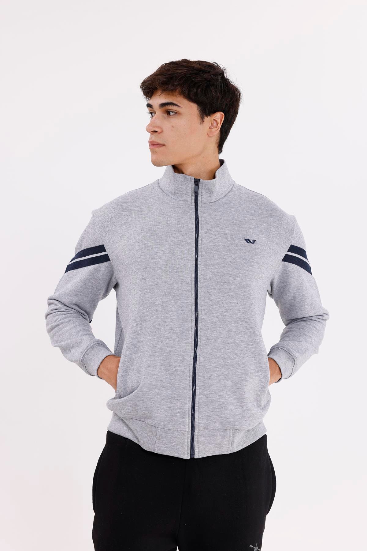 Dik Yaka Çift Şerit Kollu Tam Fermuarlı Sweatshirt