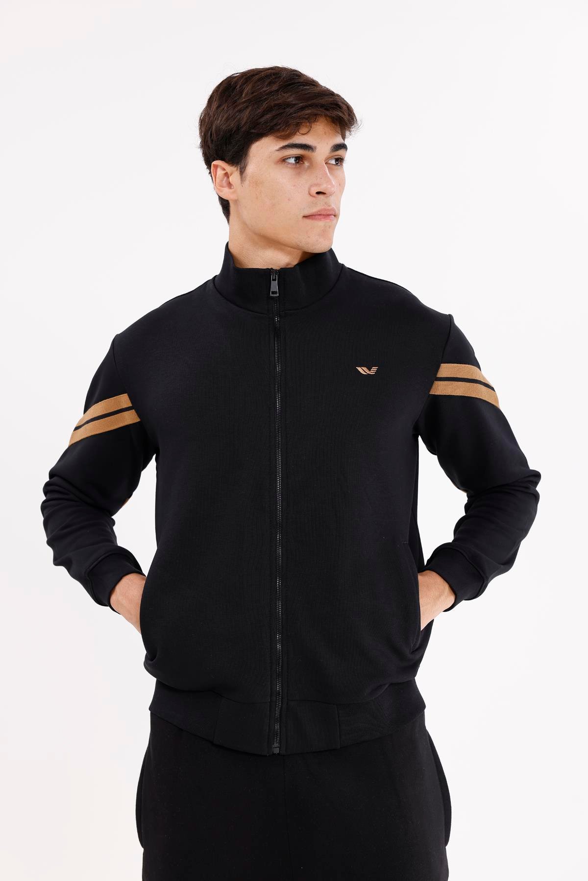 Dik Yaka Çift Şerit Kollu Tam Fermuarlı Sweatshirt