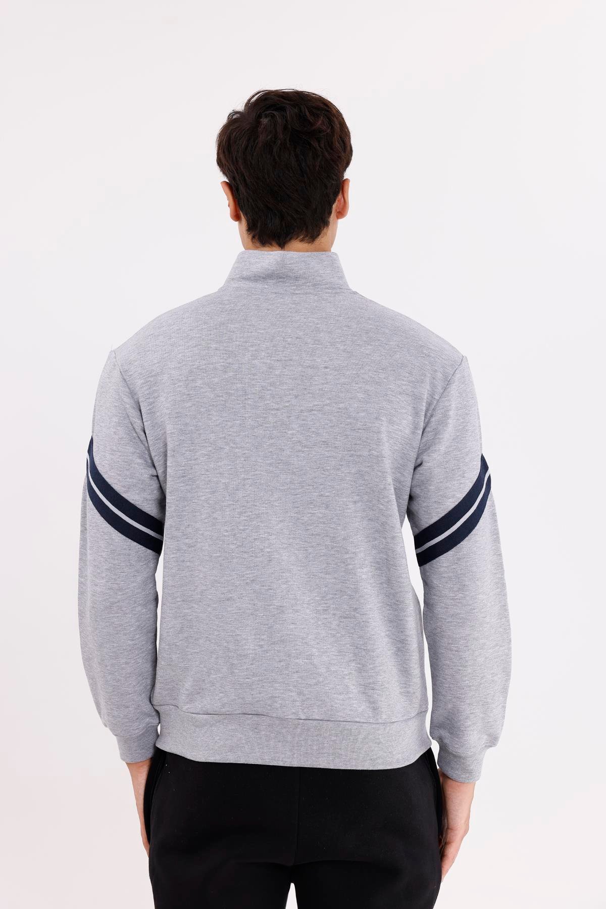 Dik Yaka Çift Şerit Kollu Tam Fermuarlı Sweatshirt