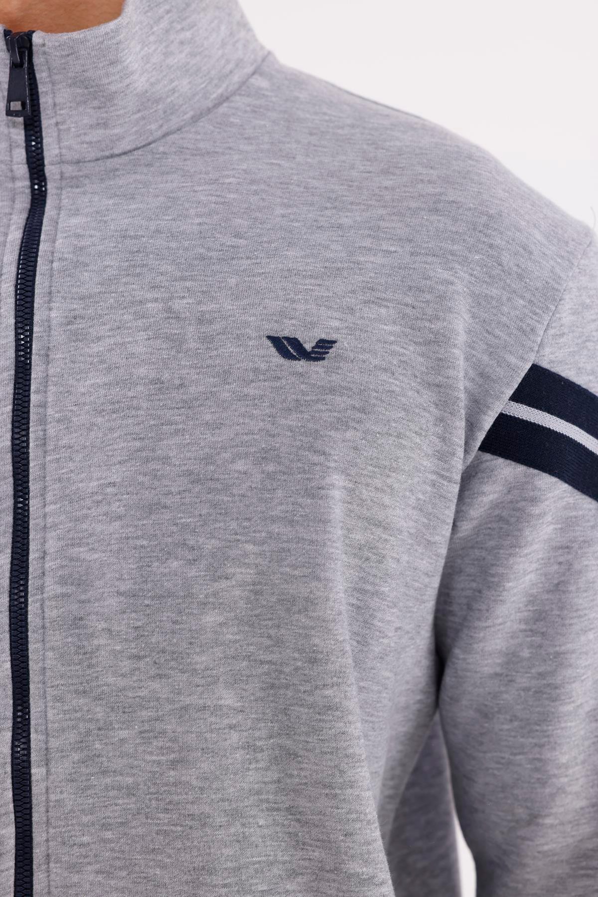 Dik Yaka Çift Şerit Kollu Tam Fermuarlı Sweatshirt