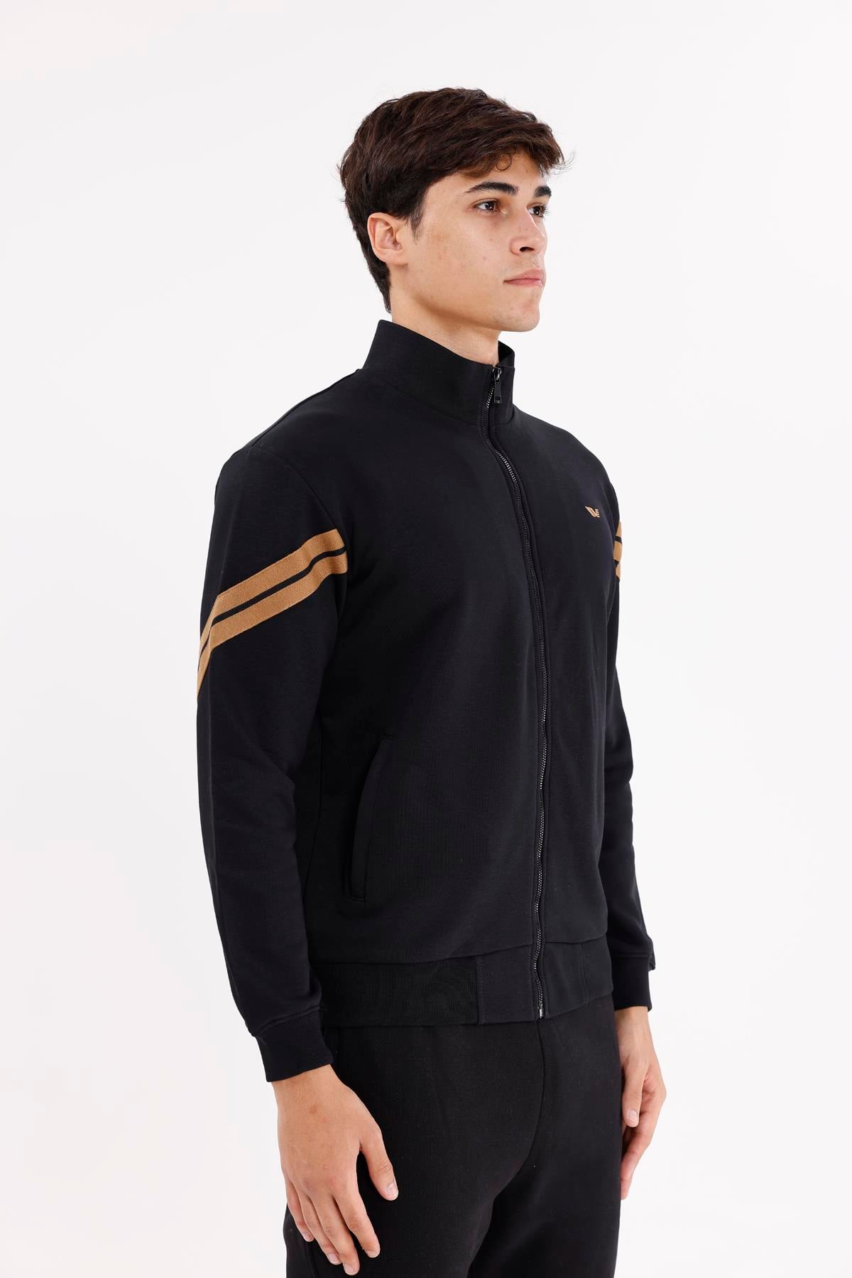 Dik Yaka Çift Şerit Kollu Tam Fermuarlı Sweatshirt
