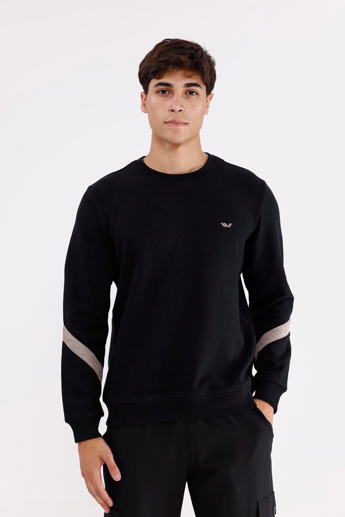 Kol Şerit Detaylı Yuvarlak Yaka Göğüs Logolu Rahat Kalıp Mevsimlik Sweatshirt