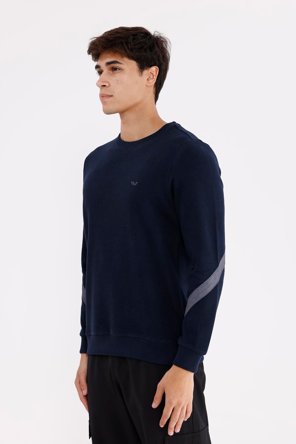 Kol Şerit Detaylı Yuvarlak Yaka Göğüs Logolu Rahat Kalıp Mevsimlik Sweatshirt