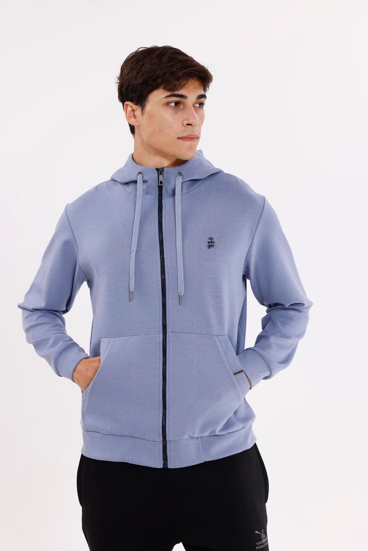 Metal Uçlu Kordonlu Tam Fermuarlı Bölmeli Ön Cepli Küçük Nakış Logolu Rahat Kalıp Mevsimlik Kapüşonlu Sweatshirt