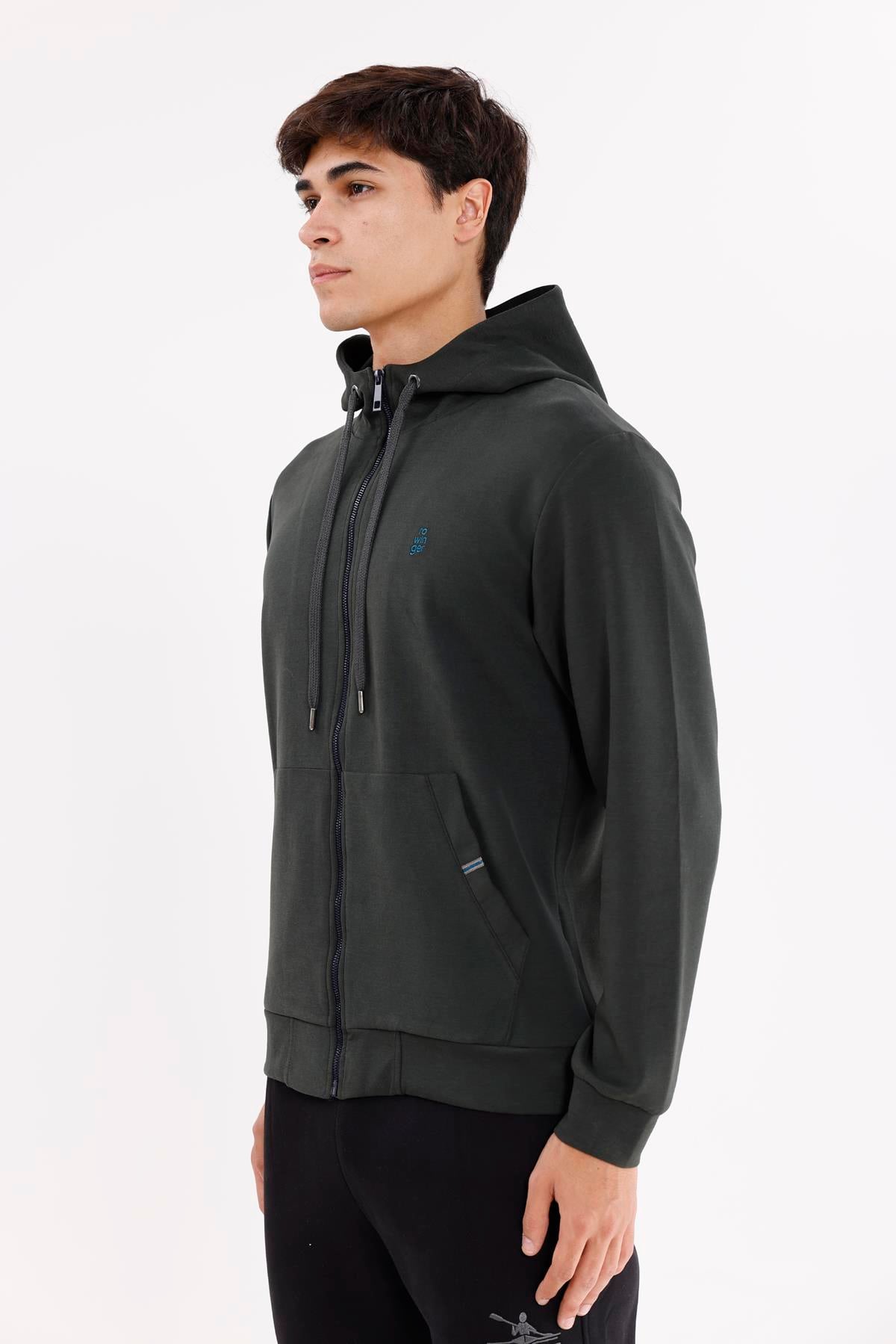 Metal Uçlu Kordonlu Tam Fermuarlı Bölmeli Ön Cepli Küçük Nakış Logolu Rahat Kalıp Mevsimlik Kapüşonlu Sweatshirt