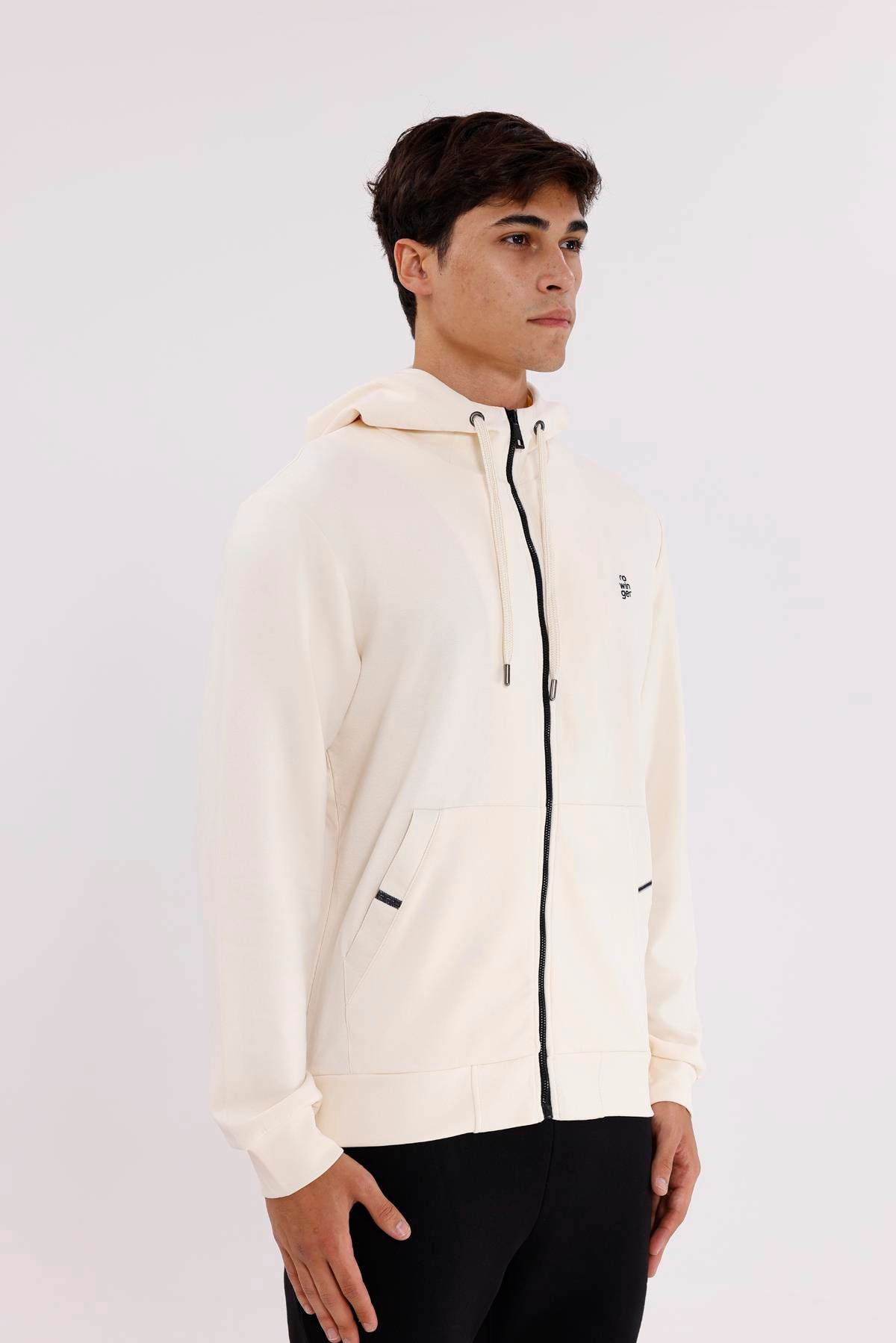 Metal Uçlu Kordonlu Tam Fermuarlı Bölmeli Ön Cepli Küçük Nakış Logolu Rahat Kalıp Mevsimlik Kapüşonlu Sweatshirt