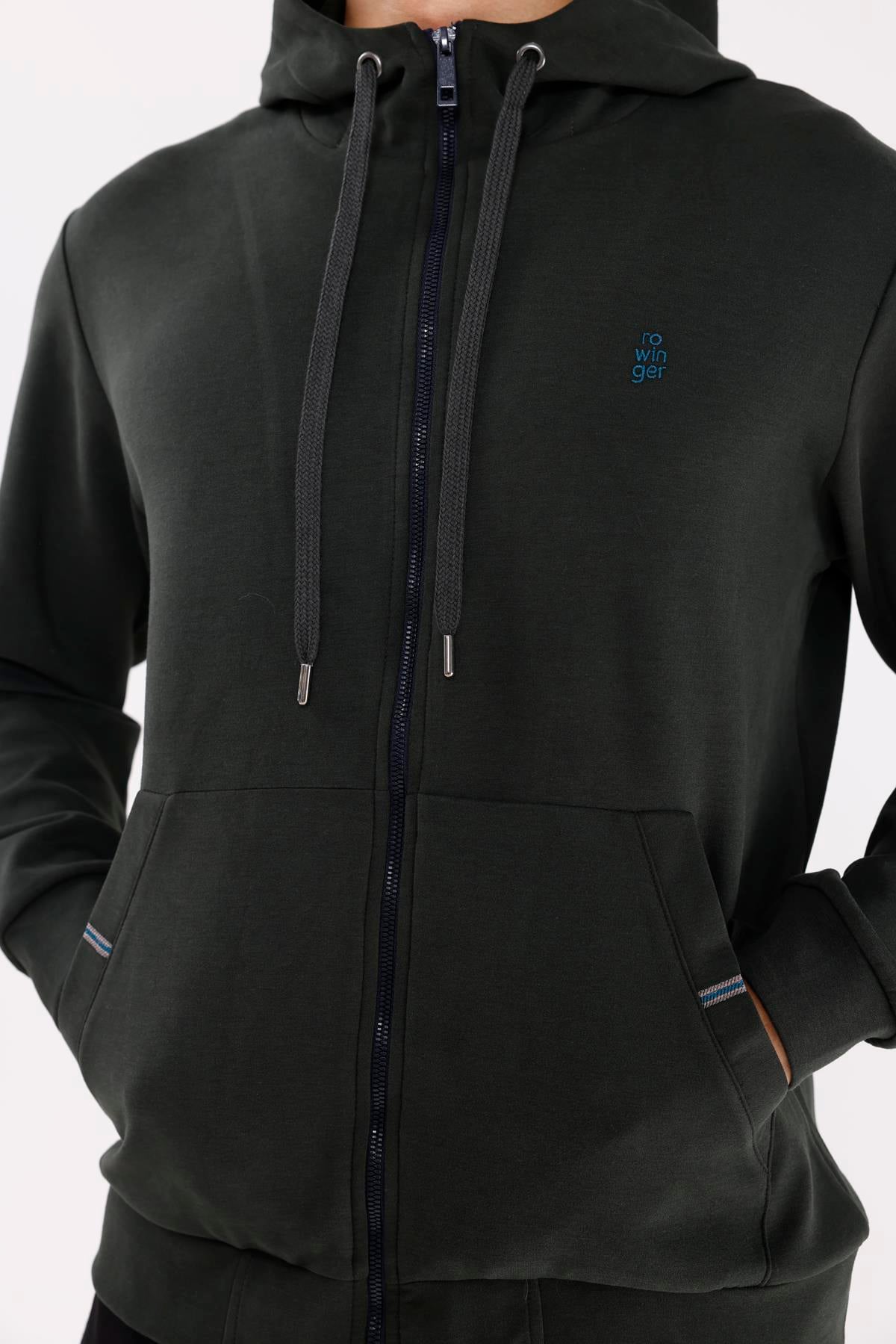 Metal Uçlu Kordonlu Tam Fermuarlı Bölmeli Ön Cepli Küçük Nakış Logolu Rahat Kalıp Mevsimlik Kapüşonlu Sweatshirt