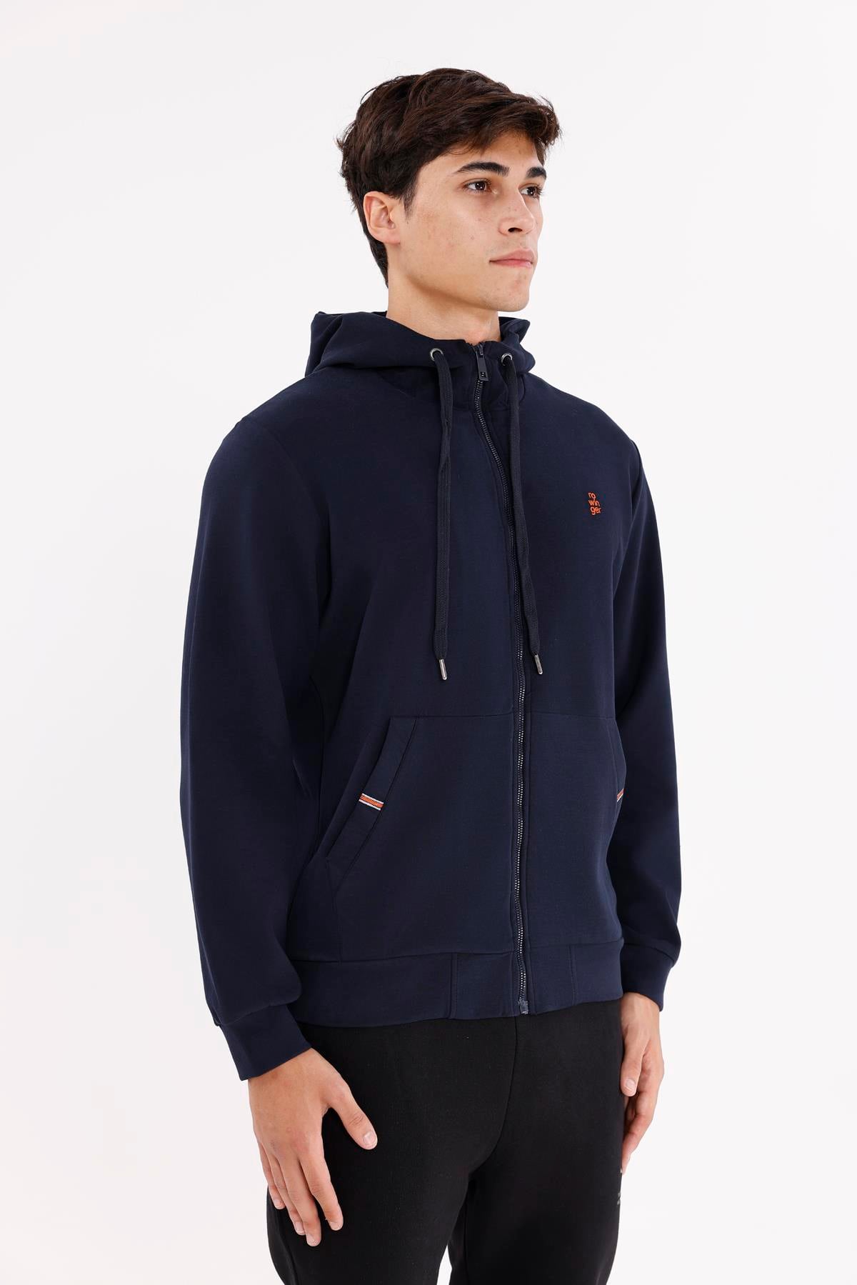 Metal Uçlu Kordonlu Tam Fermuarlı Bölmeli Ön Cepli Küçük Nakış Logolu Rahat Kalıp Mevsimlik Kapüşonlu Sweatshirt