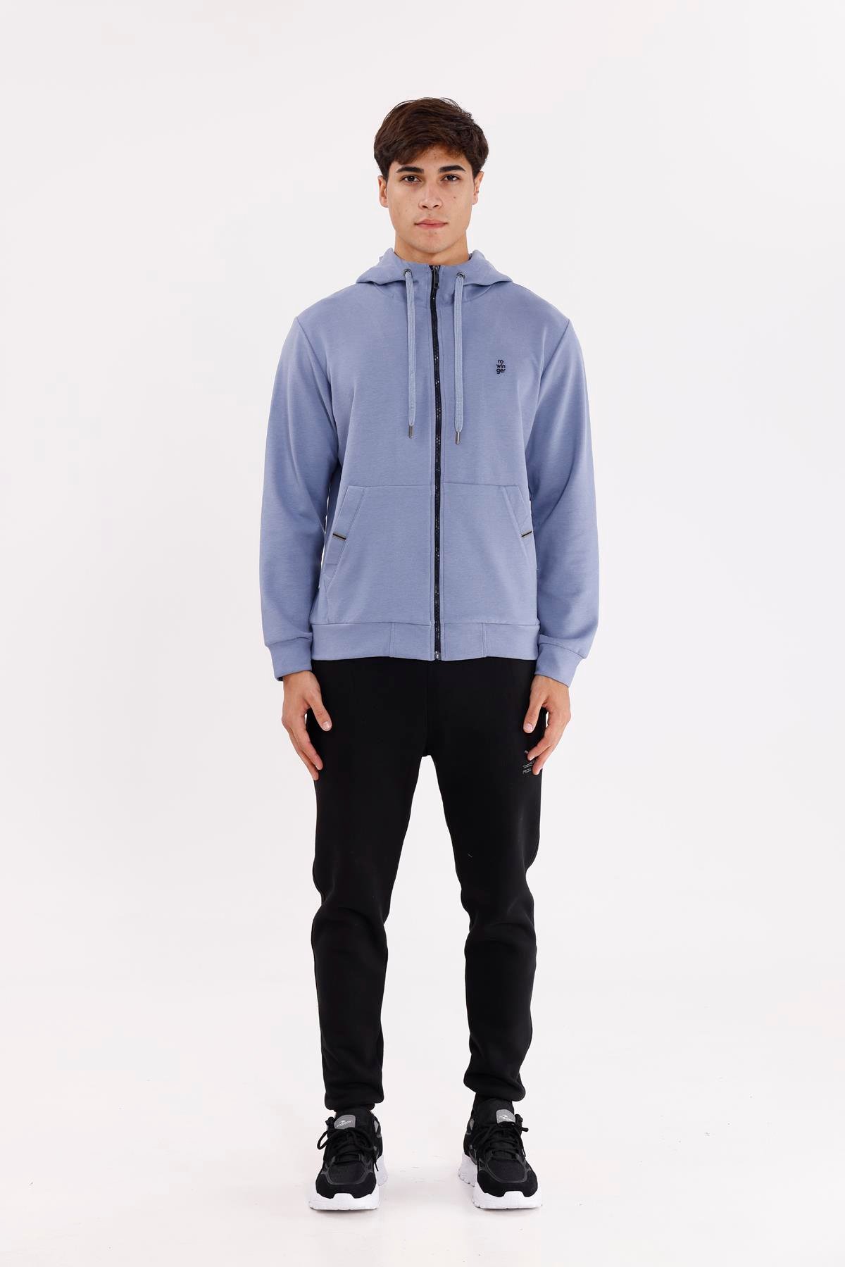 Metal Uçlu Kordonlu Tam Fermuarlı Bölmeli Ön Cepli Küçük Nakış Logolu Rahat Kalıp Mevsimlik Kapüşonlu Sweatshirt