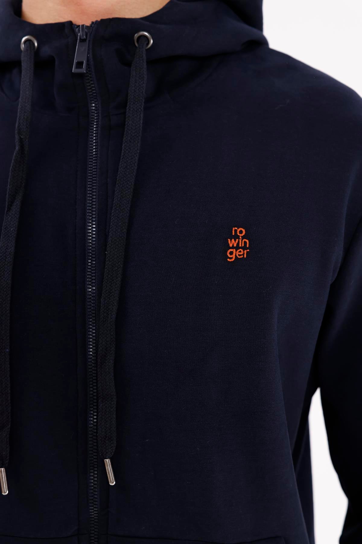 Metal Uçlu Kordonlu Tam Fermuarlı Bölmeli Ön Cepli Küçük Nakış Logolu Rahat Kalıp Mevsimlik Kapüşonlu Sweatshirt