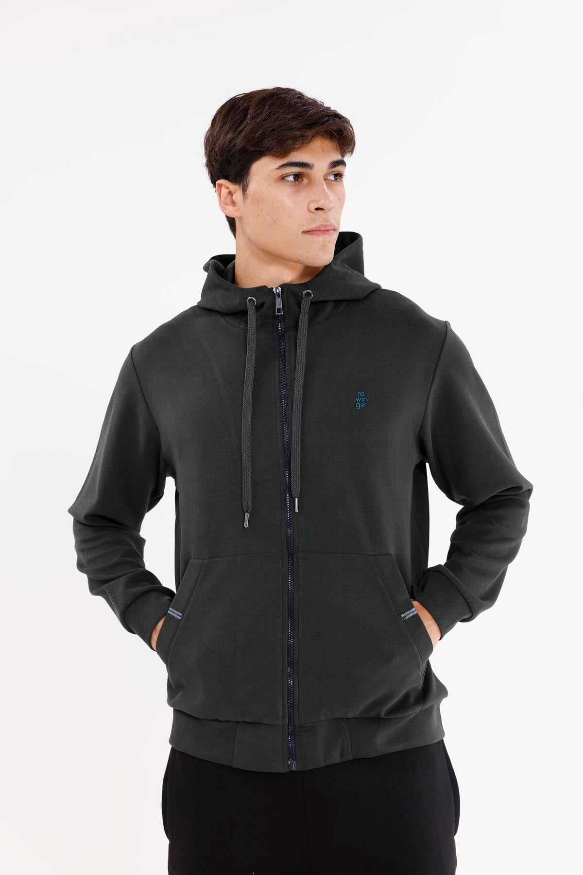 Metal Uçlu Kordonlu Tam Fermuarlı Bölmeli Ön Cepli Küçük Nakış Logolu Rahat Kalıp Mevsimlik Kapüşonlu Sweatshirt