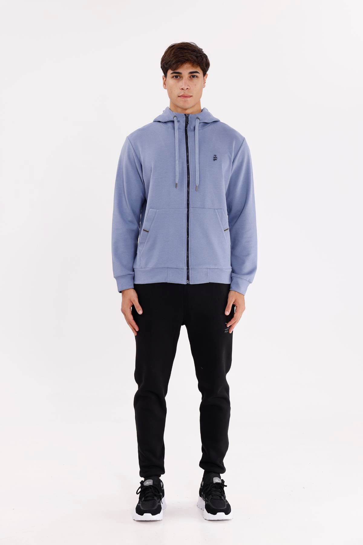 Metal Uçlu Kordonlu Tam Fermuarlı Bölmeli Ön Cepli Küçük Nakış Logolu Rahat Kalıp Mevsimlik Kapüşonlu Sweatshirt