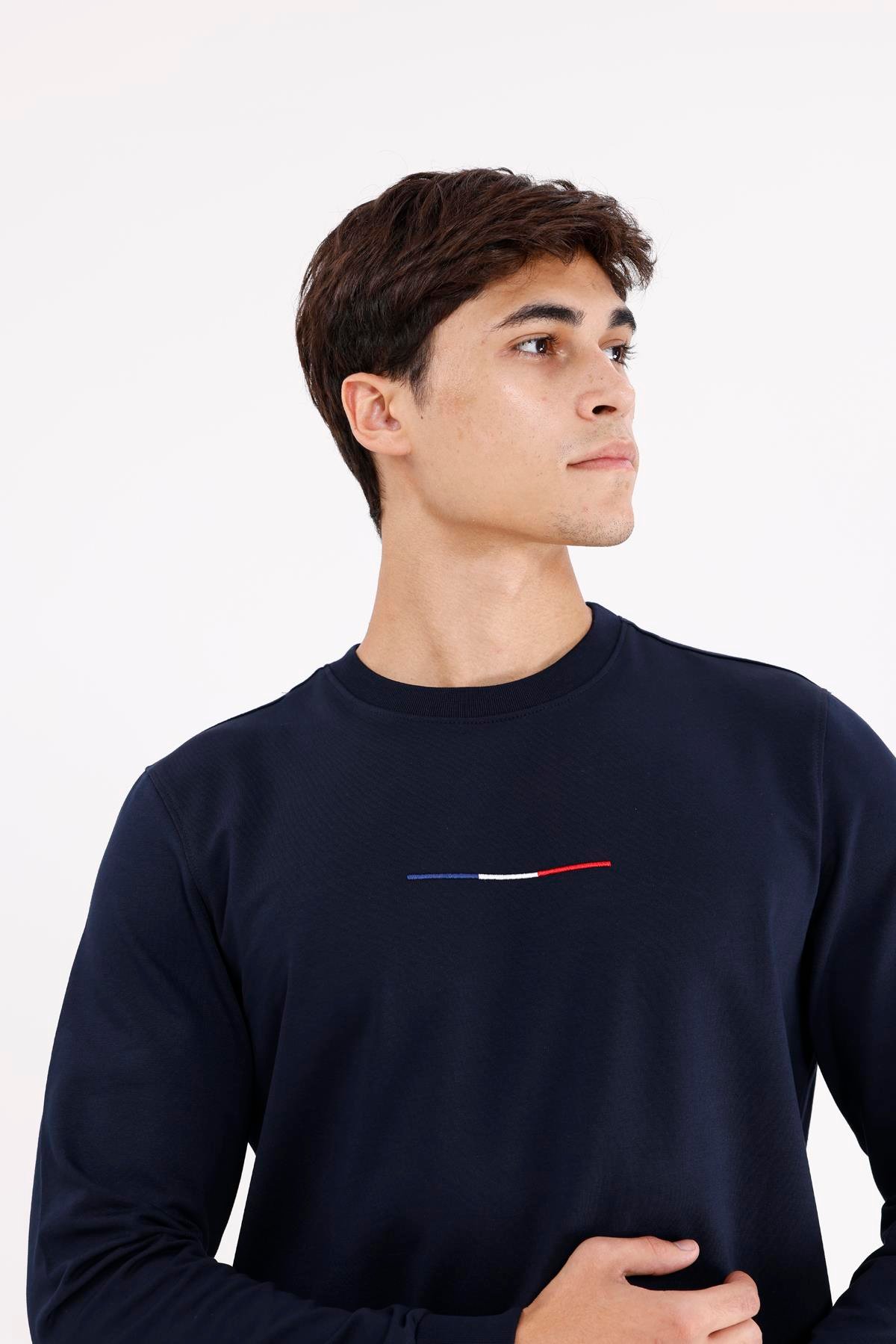Minimal Göğüs İşlemeli Rahat Kalıp Esnek Manşetli Mevsimlik Bisiklet Yaka Sweatshirt