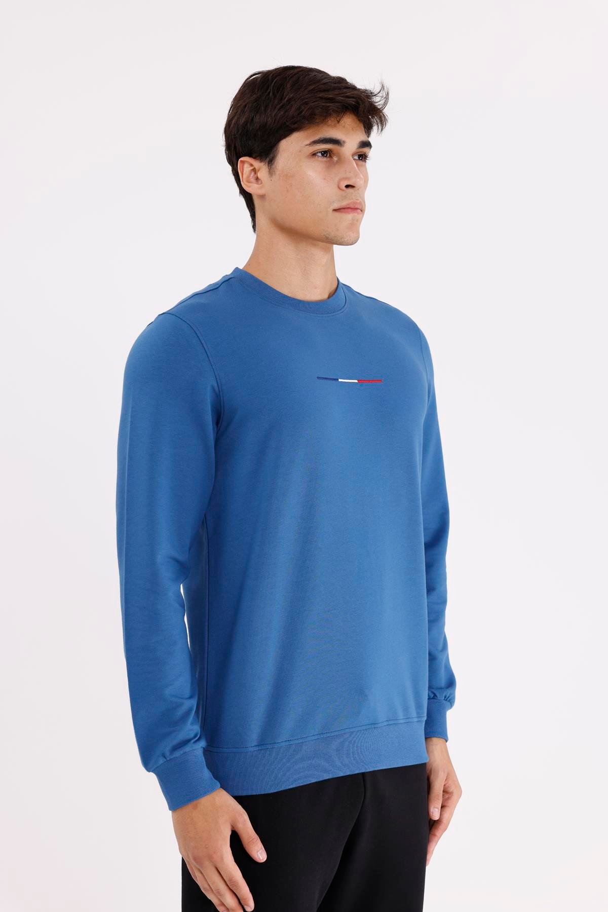 Minimal Göğüs İşlemeli Rahat Kalıp Esnek Manşetli Mevsimlik Bisiklet Yaka Sweatshirt