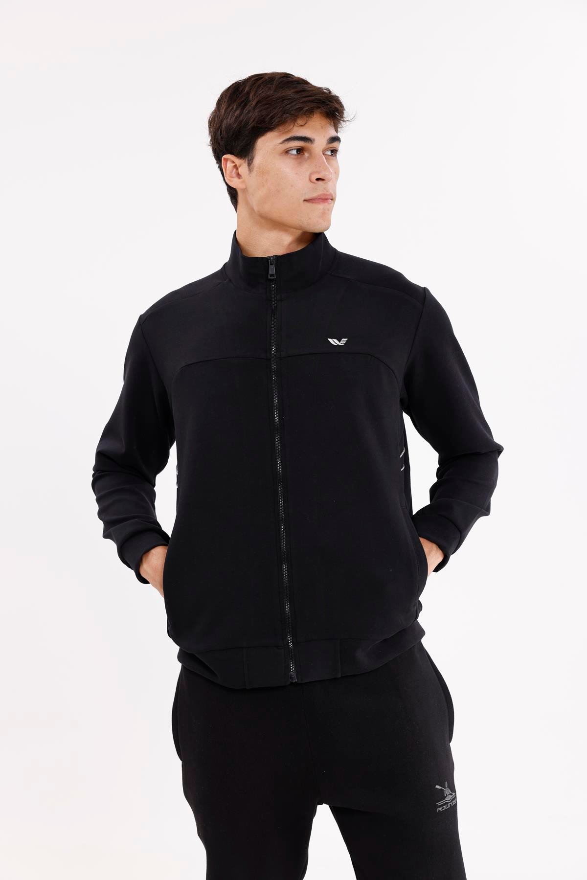 Modal Karışımlı Dik Yaka Tam Fermuarlı Yan Şerit Detaylı Cepli Spor Eşofman Üstü