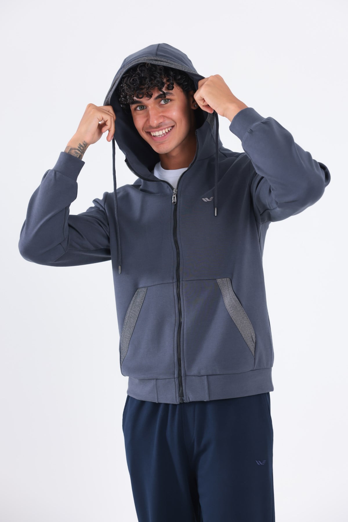 Modal Kumaş Kapüşonlu Fermuarlı Kontrast Detaylı Erkek Sweatshirt