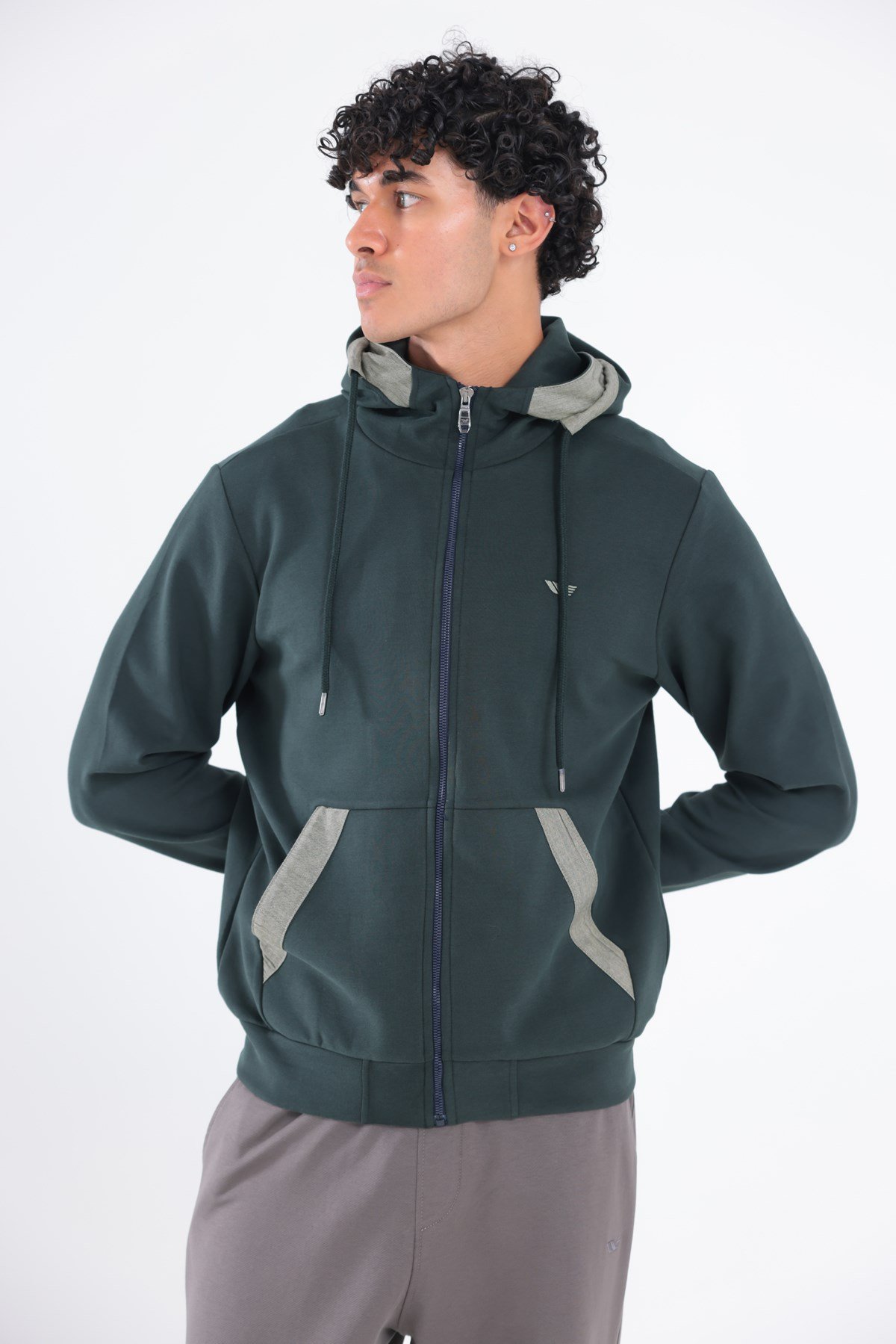 Modal Kumaş Kapüşonlu Fermuarlı Kontrast Detaylı Erkek Sweatshirt