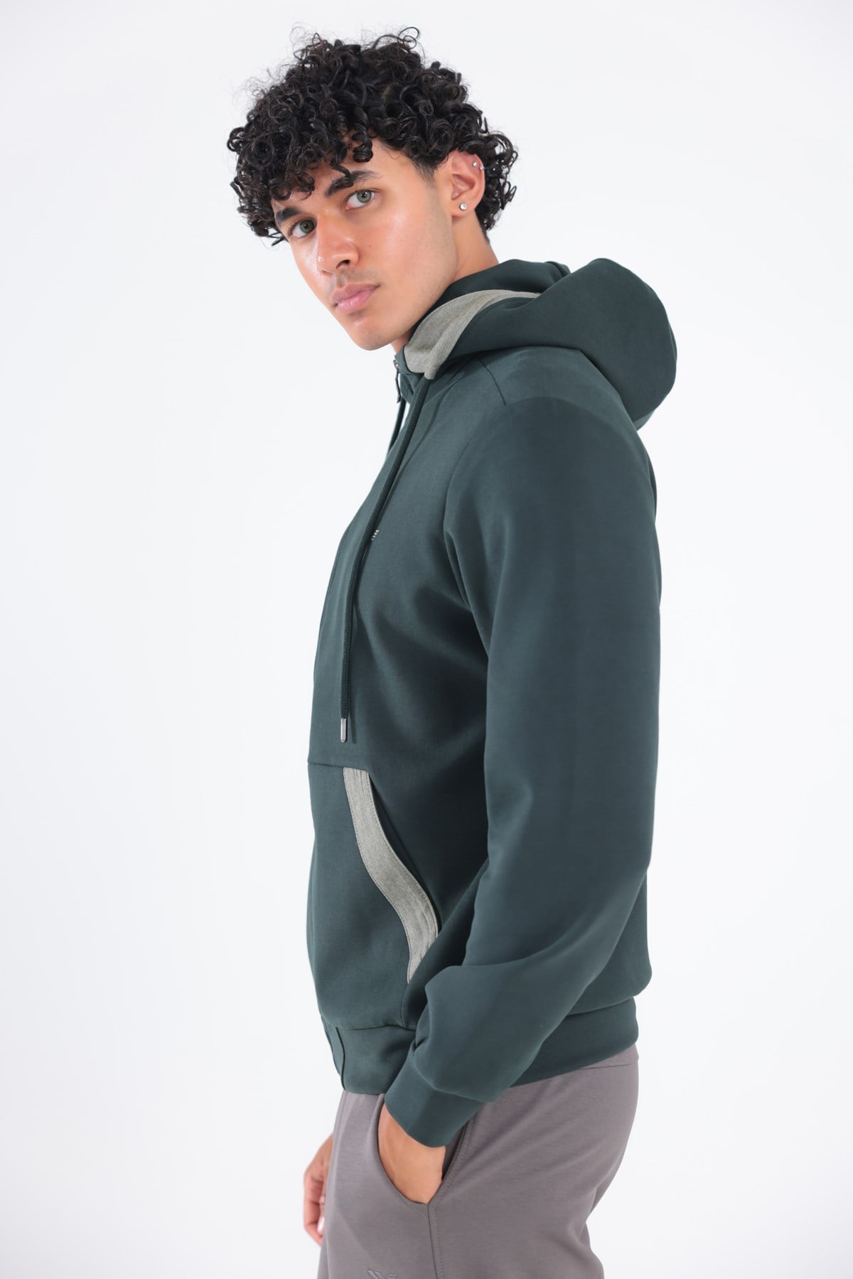Modal Kumaş Kapüşonlu Fermuarlı Kontrast Detaylı Erkek Sweatshirt