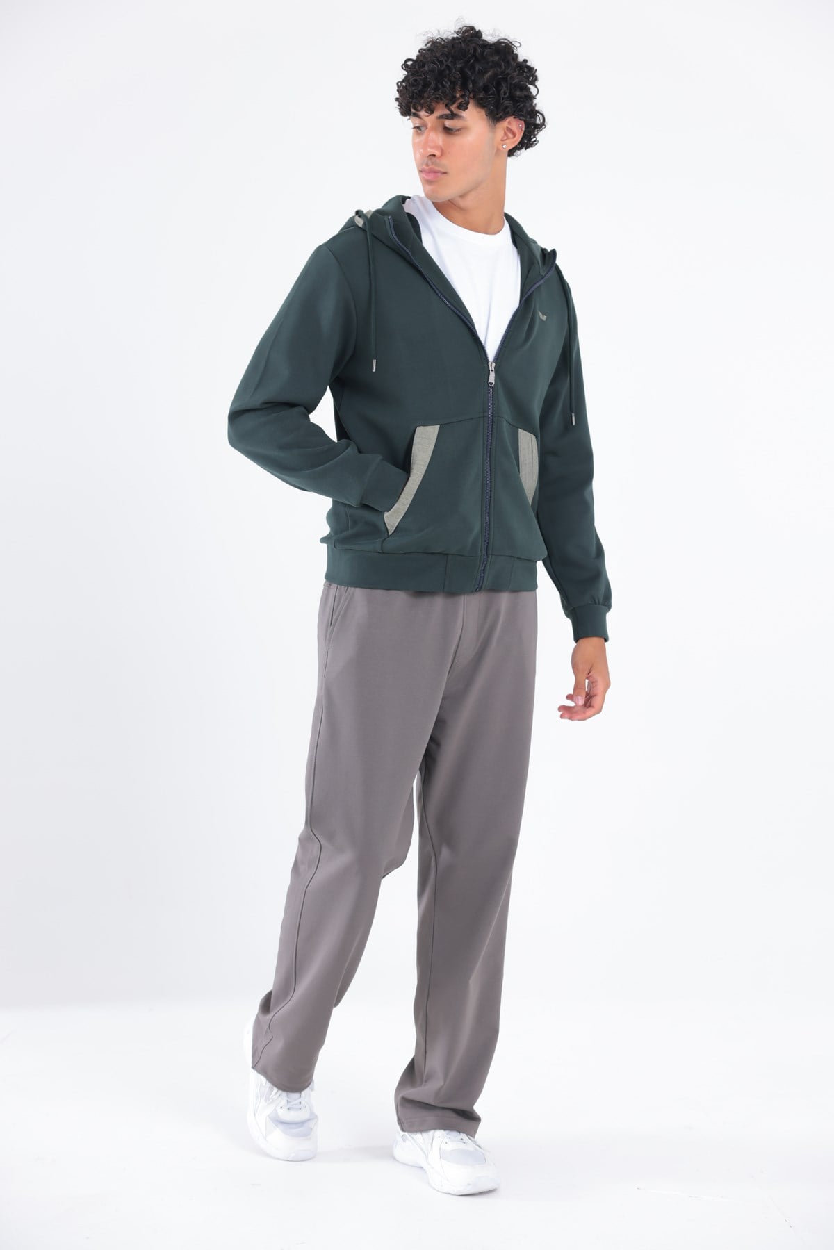 Modal Kumaş Kapüşonlu Fermuarlı Kontrast Detaylı Erkek Sweatshirt
