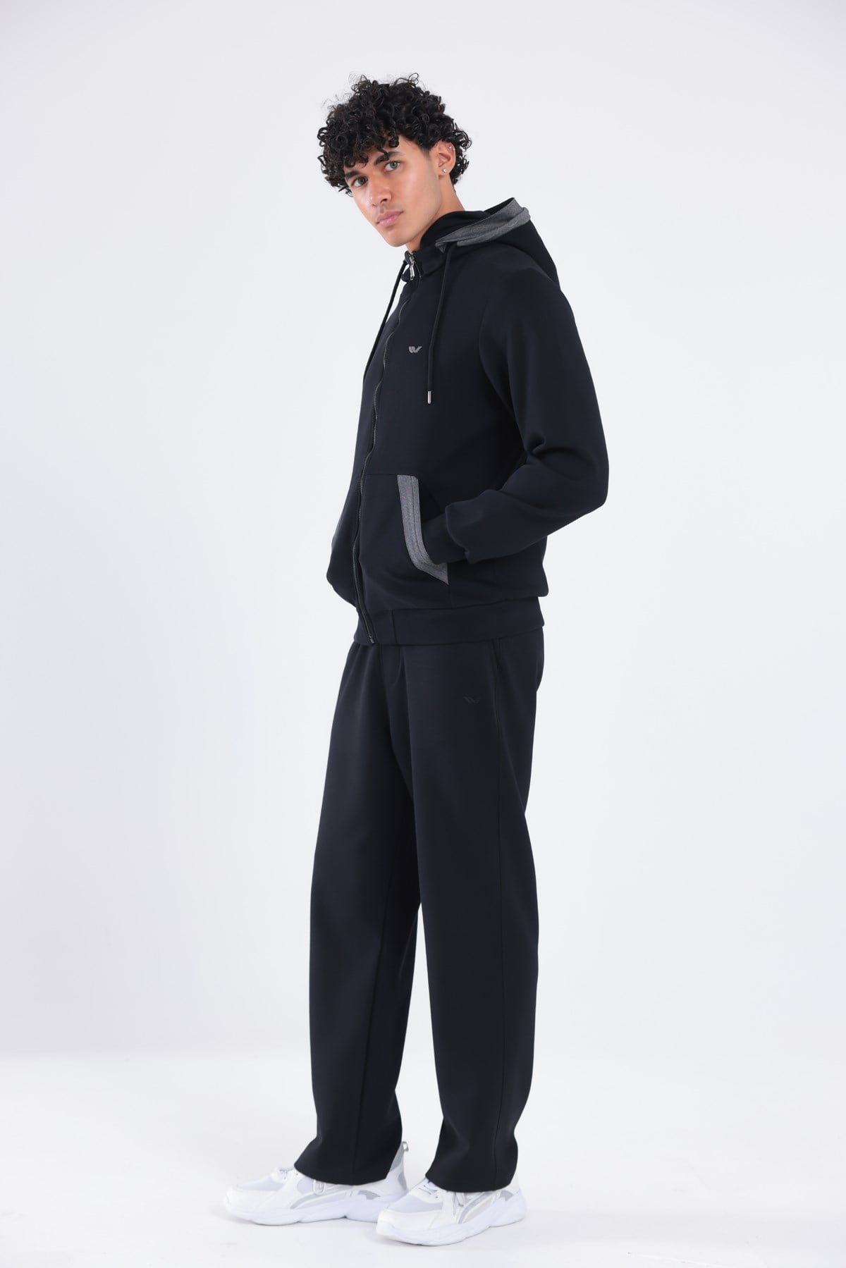 Modal Kumaş Kapüşonlu Fermuarlı Kontrast Detaylı Erkek Sweatshirt