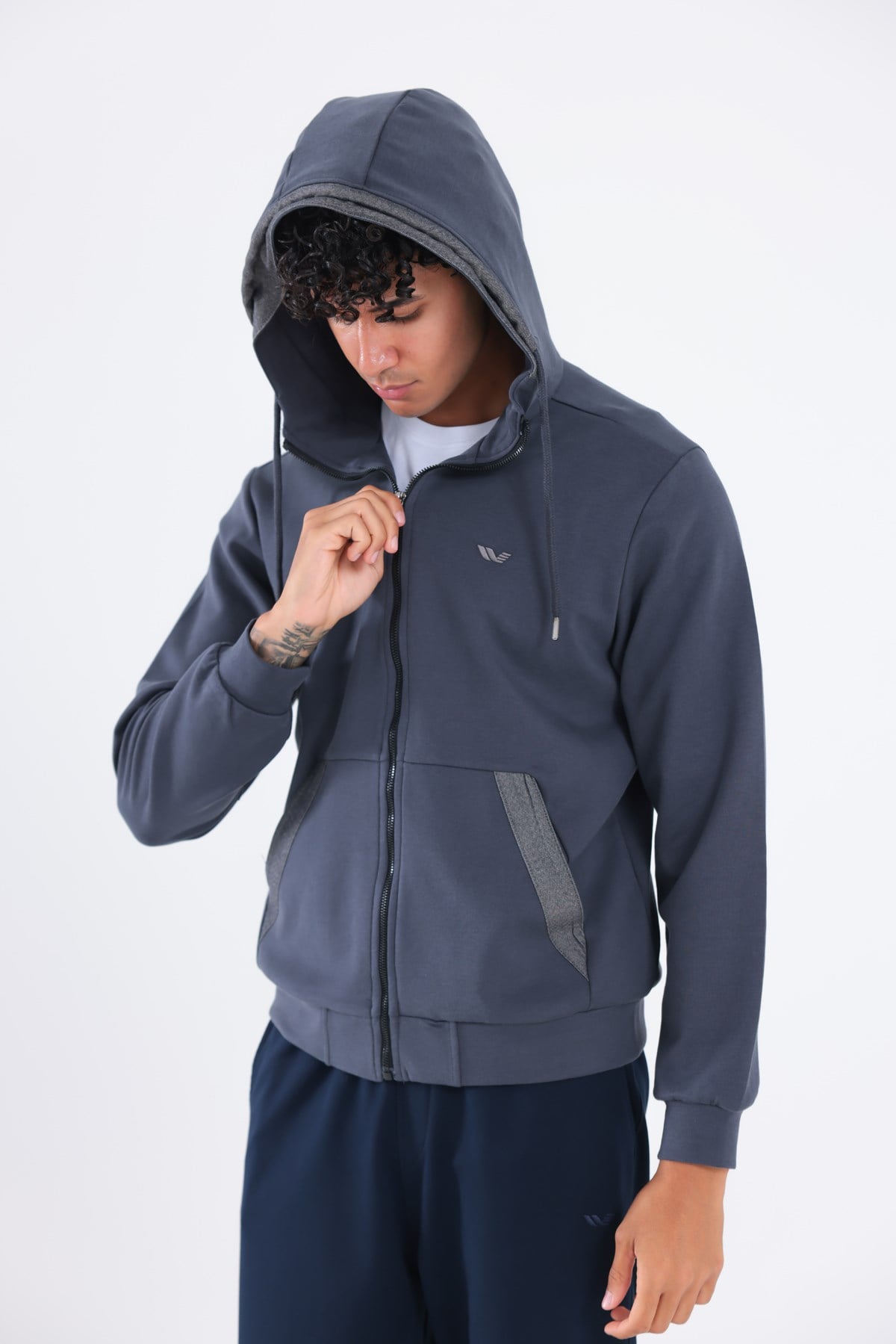 Modal Kumaş Kapüşonlu Fermuarlı Kontrast Detaylı Erkek Sweatshirt
