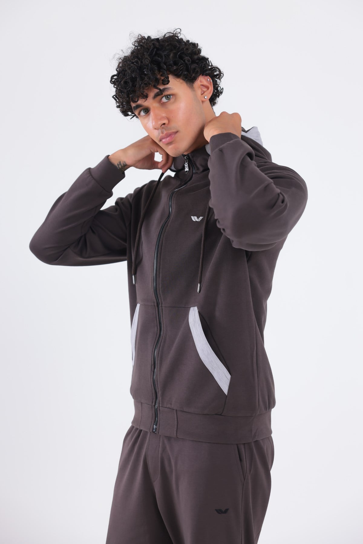 Modal Kumaş Kapüşonlu Fermuarlı Kontrast Detaylı Erkek Sweatshirt