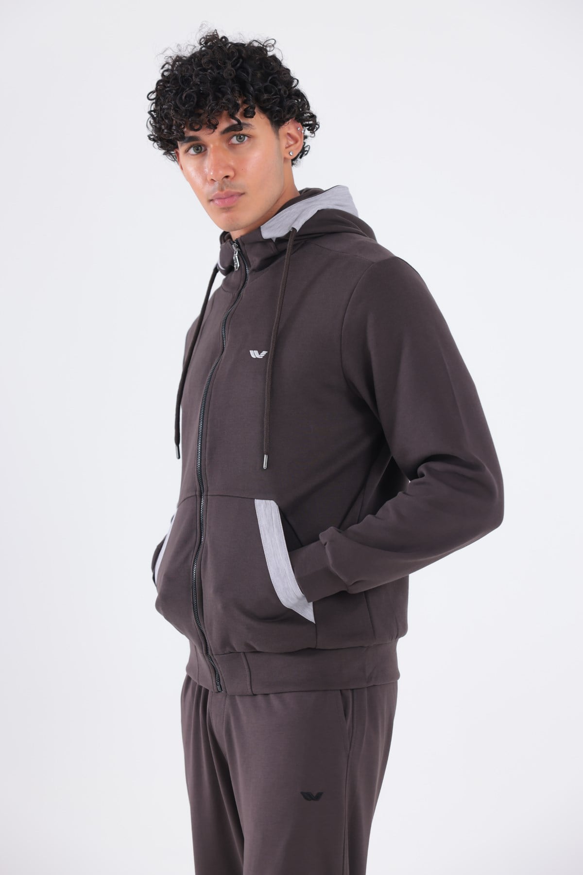 Modal Kumaş Kapüşonlu Fermuarlı Kontrast Detaylı Erkek Sweatshirt