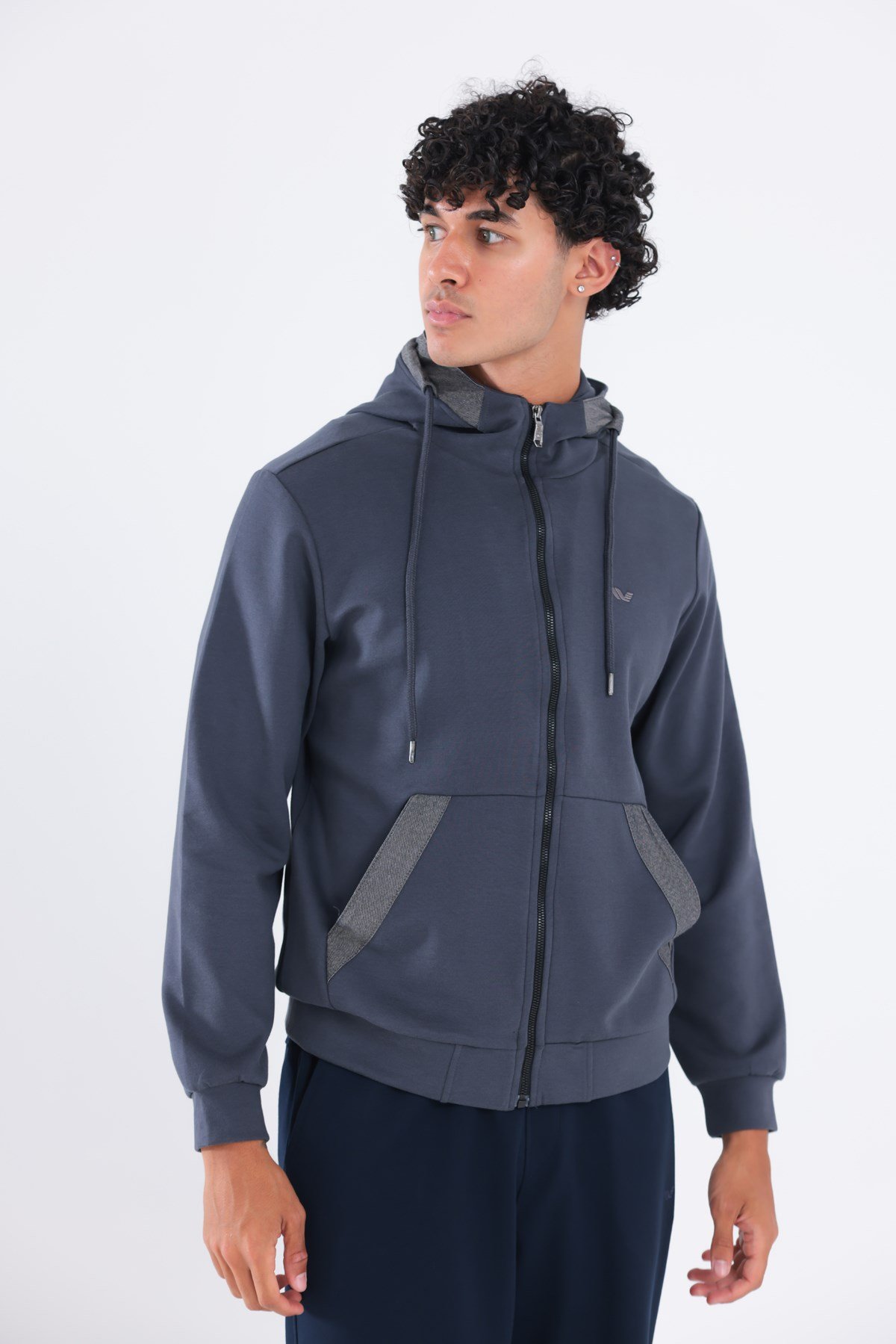 Modal Kumaş Kapüşonlu Fermuarlı Kontrast Detaylı Erkek Sweatshirt