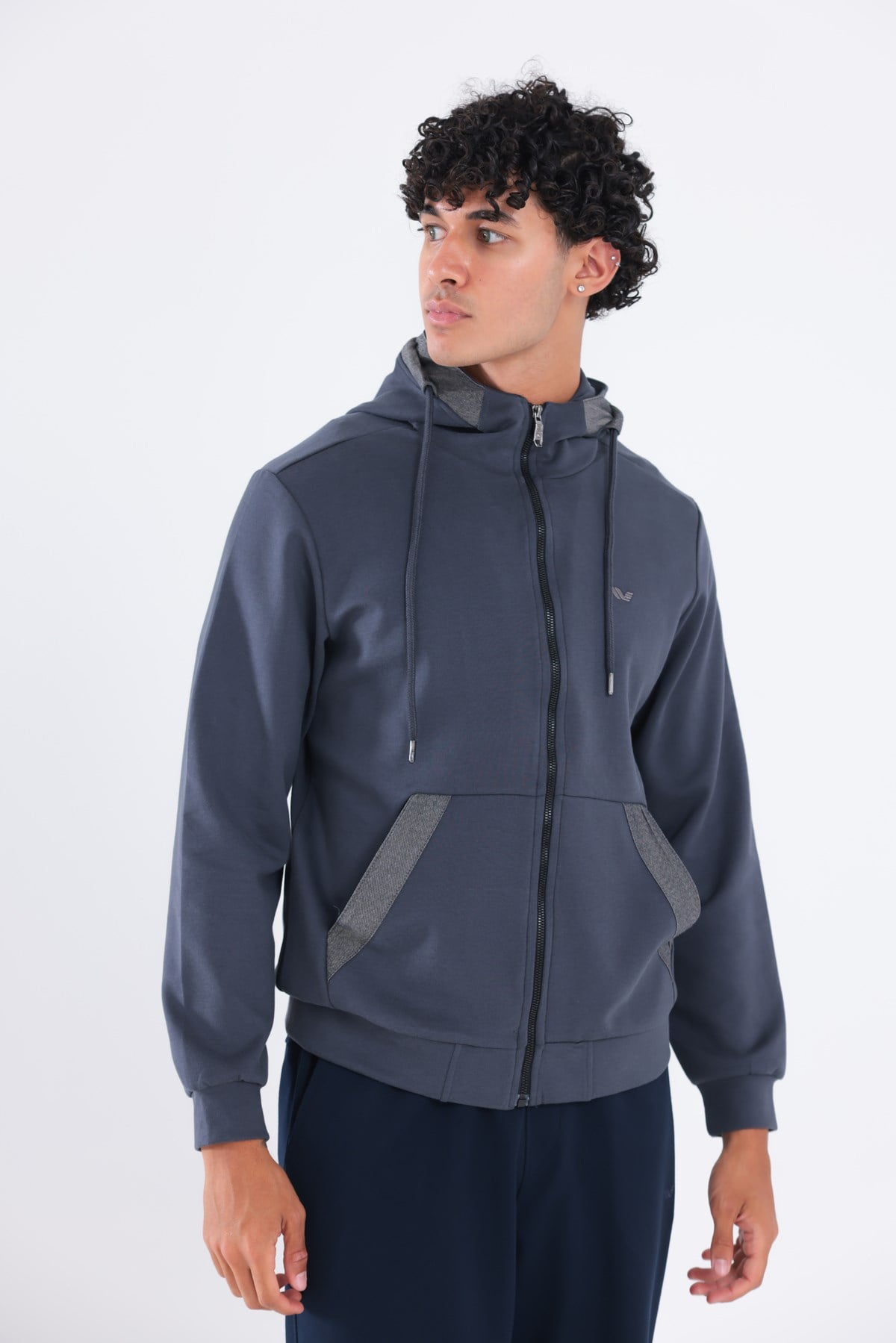 Modal Kumaş Kapüşonlu Fermuarlı Kontrast Detaylı Erkek Sweatshirt