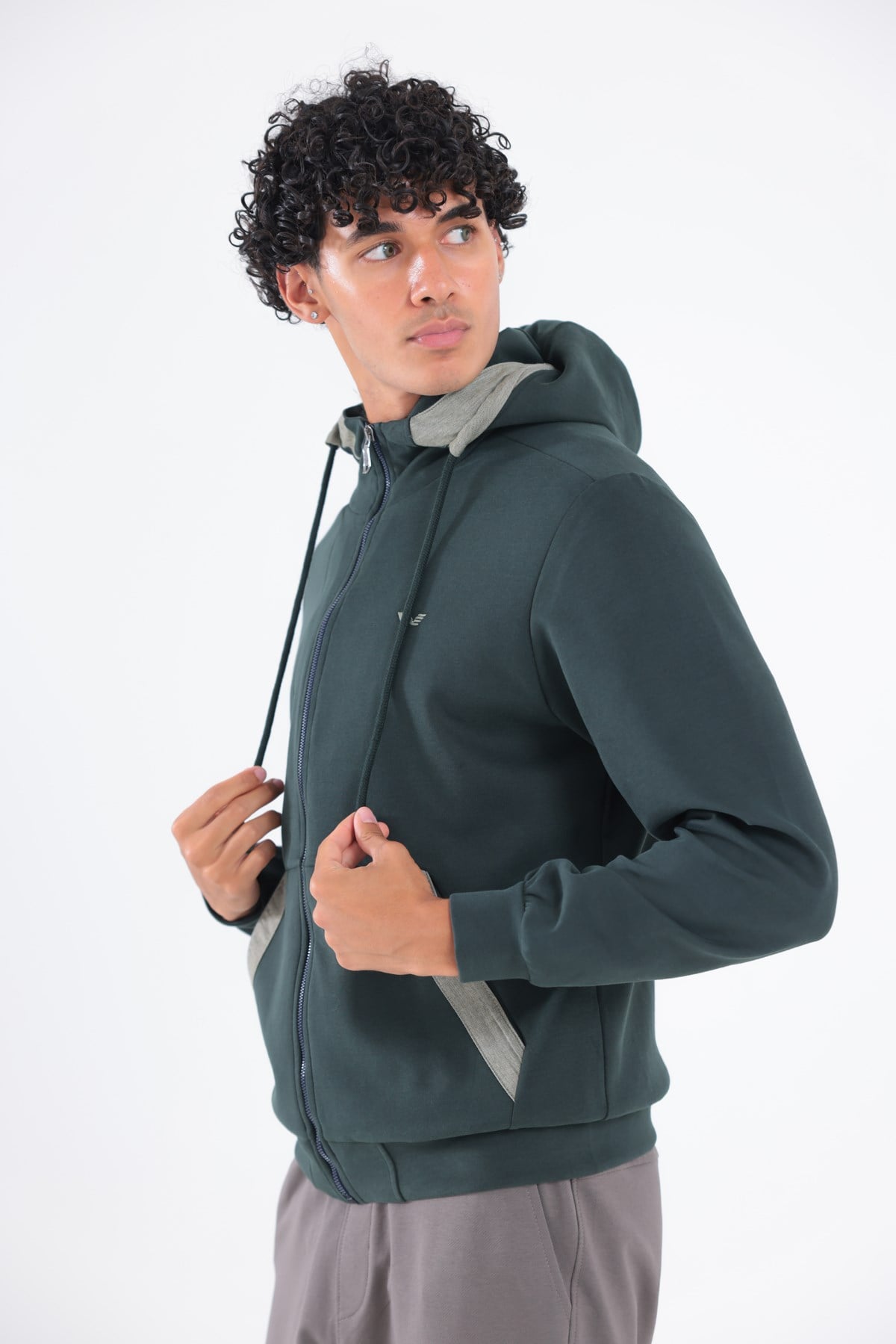Modal Kumaş Kapüşonlu Fermuarlı Kontrast Detaylı Erkek Sweatshirt