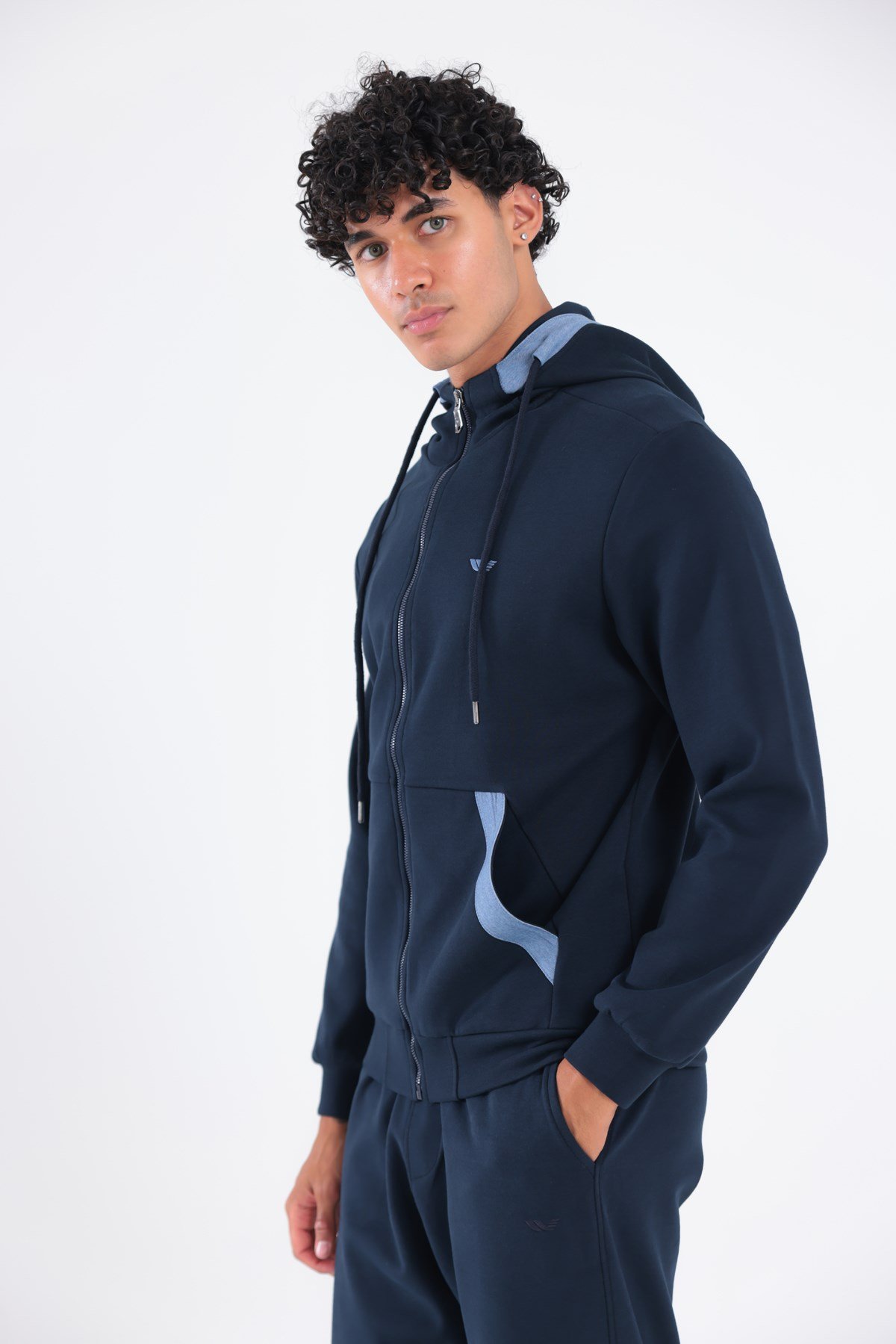 Modal Kumaş Kapüşonlu Fermuarlı Kontrast Detaylı Erkek Sweatshirt