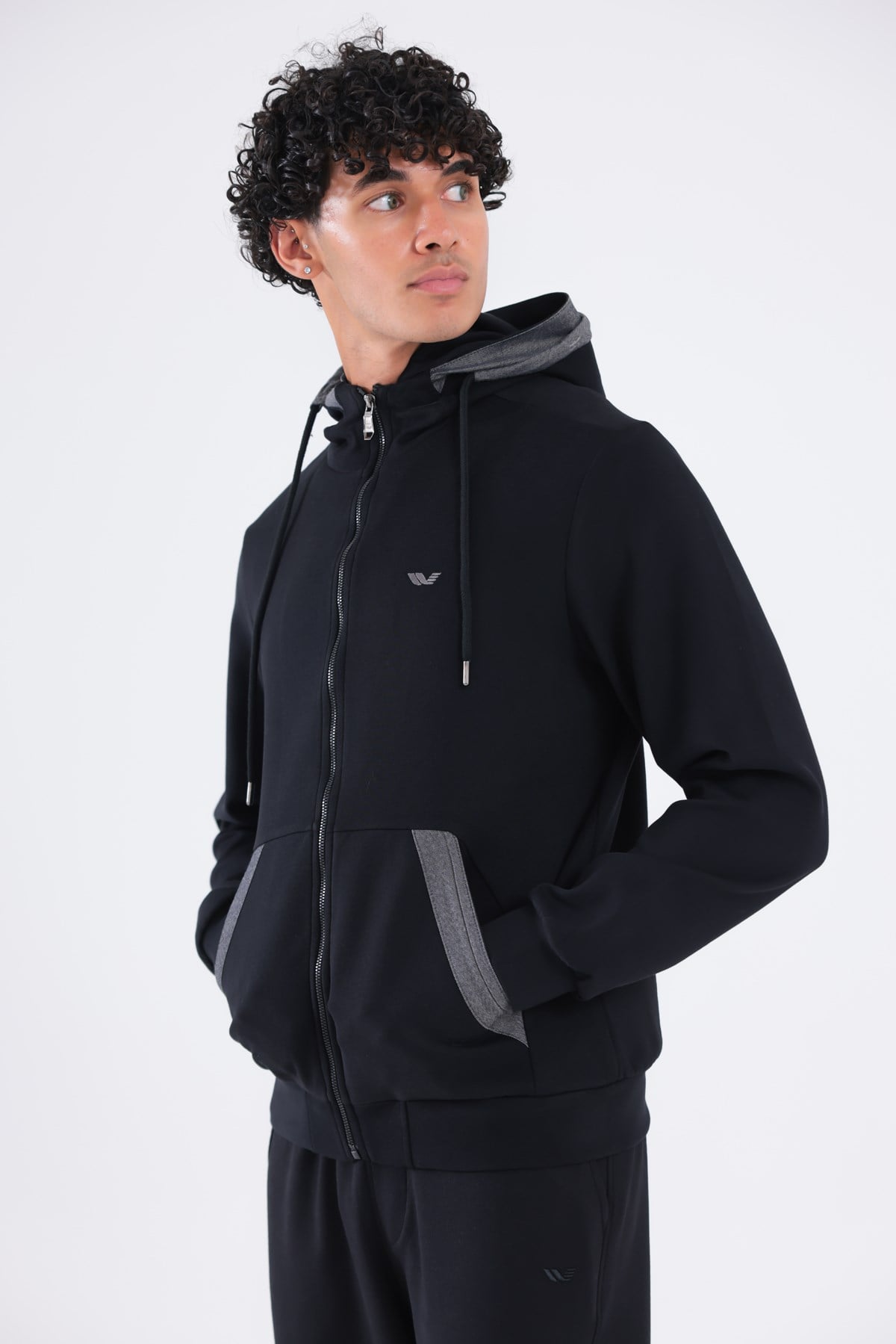 Modal Kumaş Kapüşonlu Fermuarlı Kontrast Detaylı Erkek Sweatshirt
