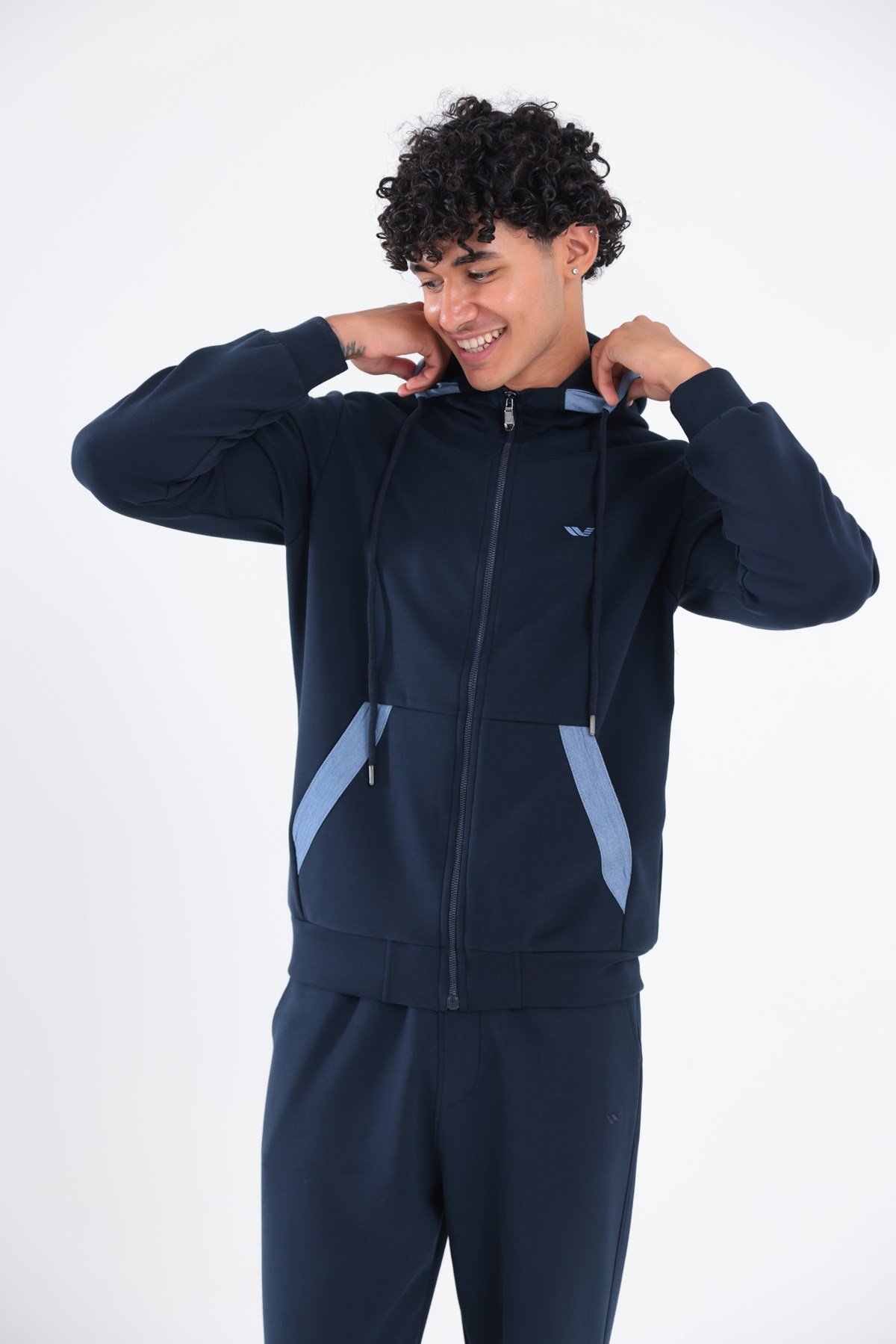 Modal Kumaş Kapüşonlu Fermuarlı Kontrast Detaylı Erkek Sweatshirt