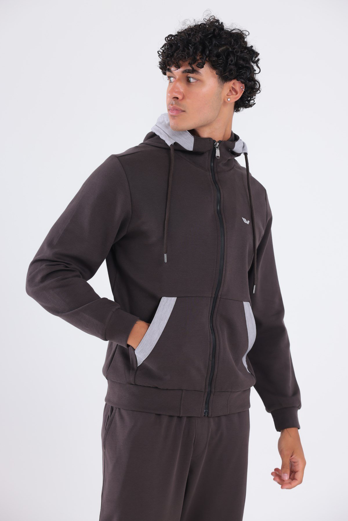 Modal Kumaş Kapüşonlu Fermuarlı Kontrast Detaylı Erkek Sweatshirt