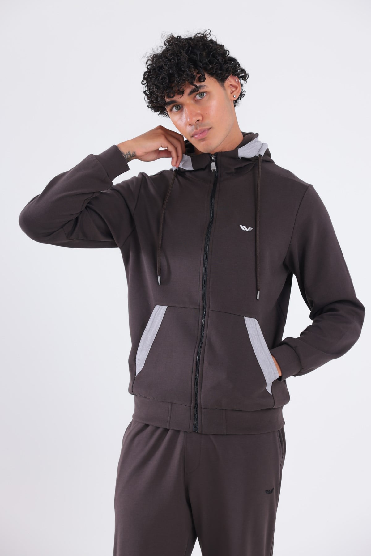 Modal Kumaş Kapüşonlu Fermuarlı Kontrast Detaylı Erkek Sweatshirt