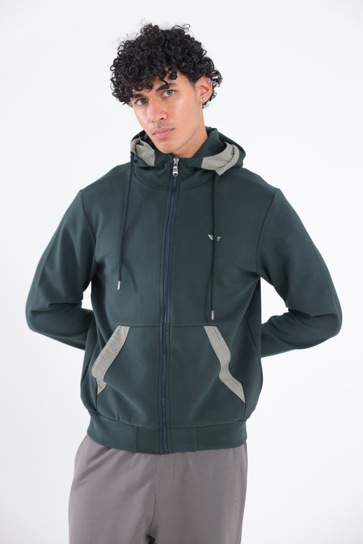 Modal Kumaş Kapüşonlu Fermuarlı Kontrast Detaylı Erkek Sweatshirt