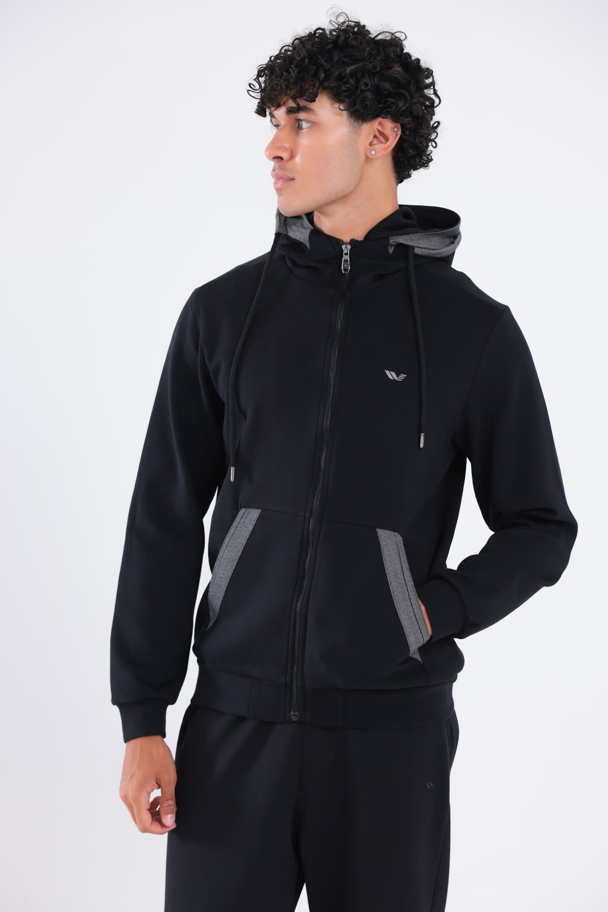 Modal Kumaş Kapüşonlu Fermuarlı Kontrast Detaylı Erkek Sweatshirt