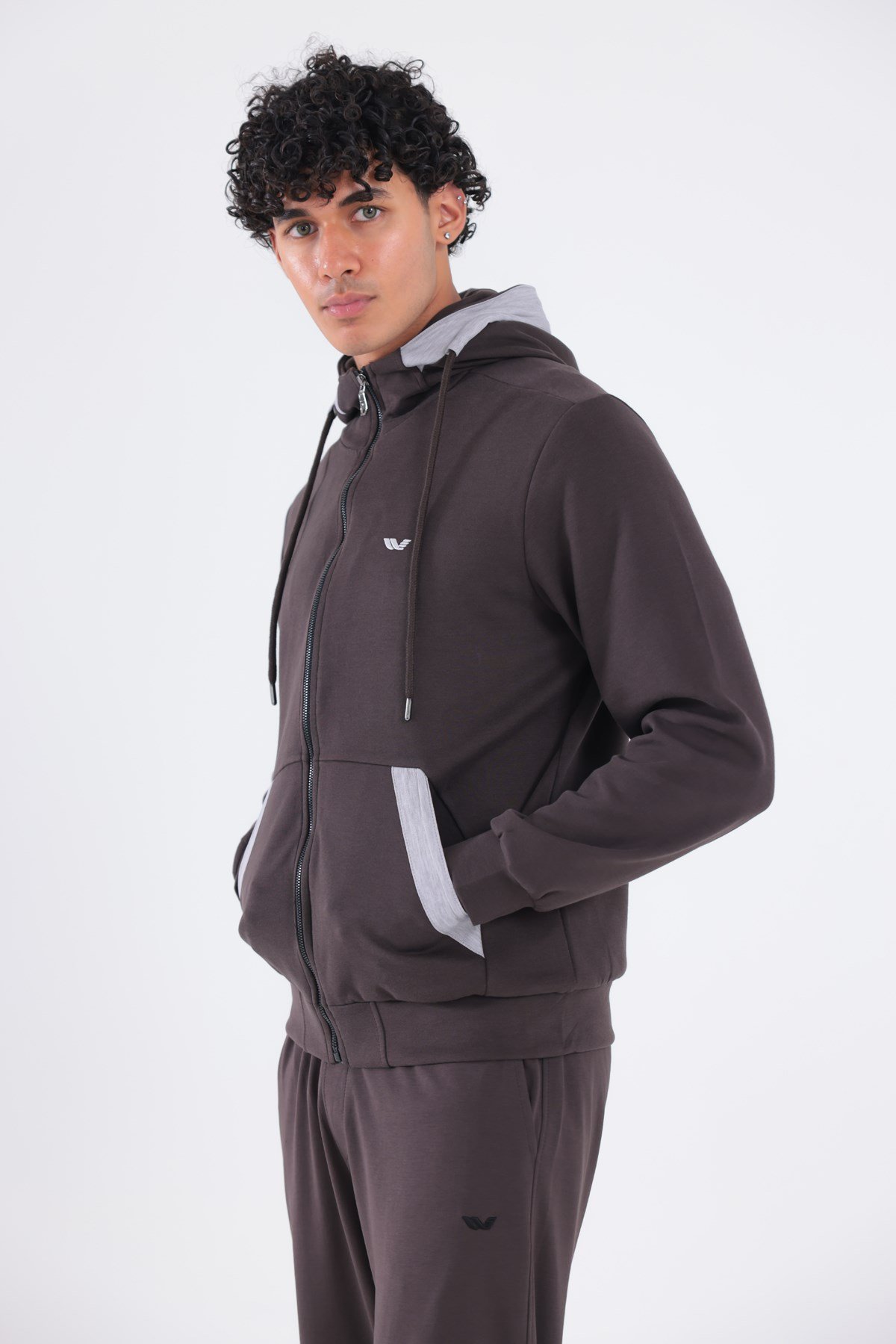 Modal Kumaş Kapüşonlu Fermuarlı Kontrast Detaylı Erkek Sweatshirt