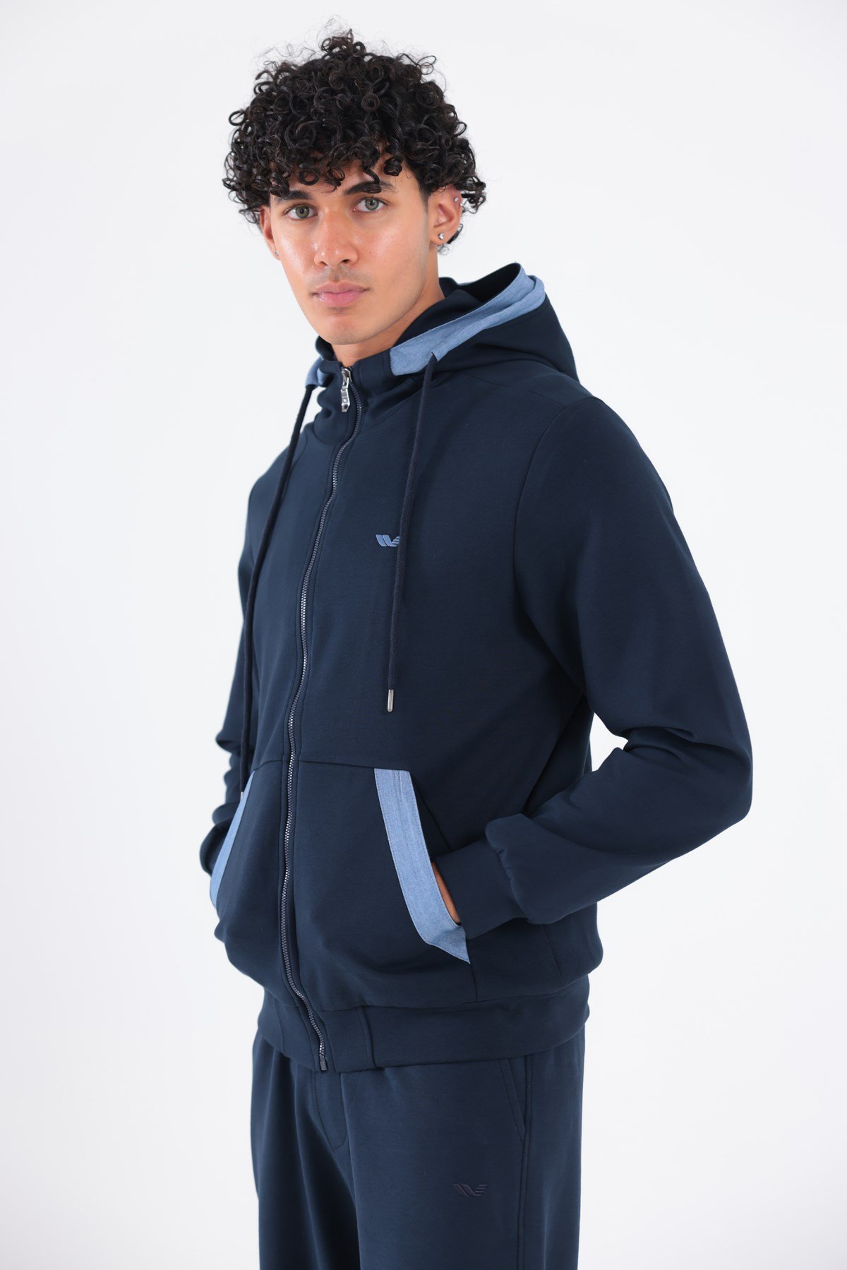 Modal Kumaş Kapüşonlu Fermuarlı Kontrast Detaylı Erkek Sweatshirt