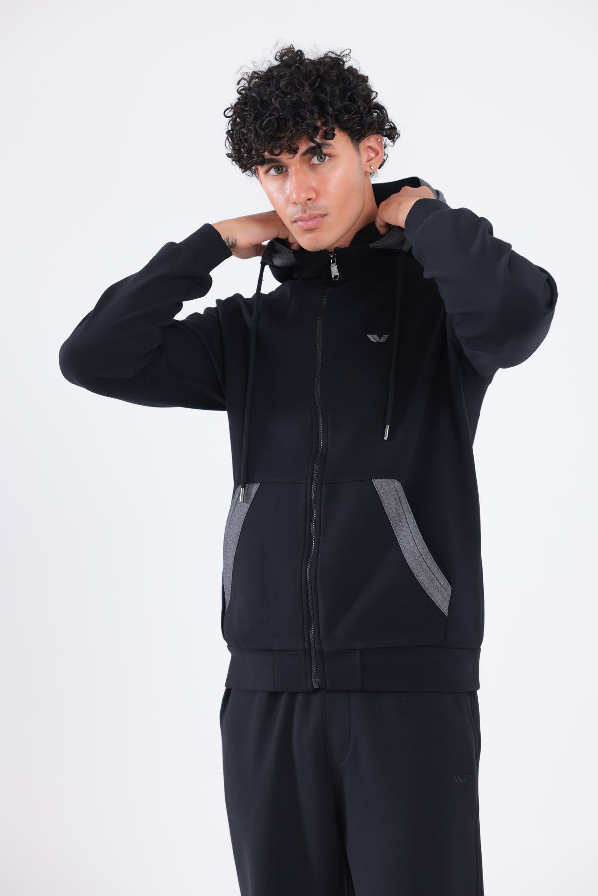 Modal Kumaş Kapüşonlu Fermuarlı Kontrast Detaylı Erkek Sweatshirt