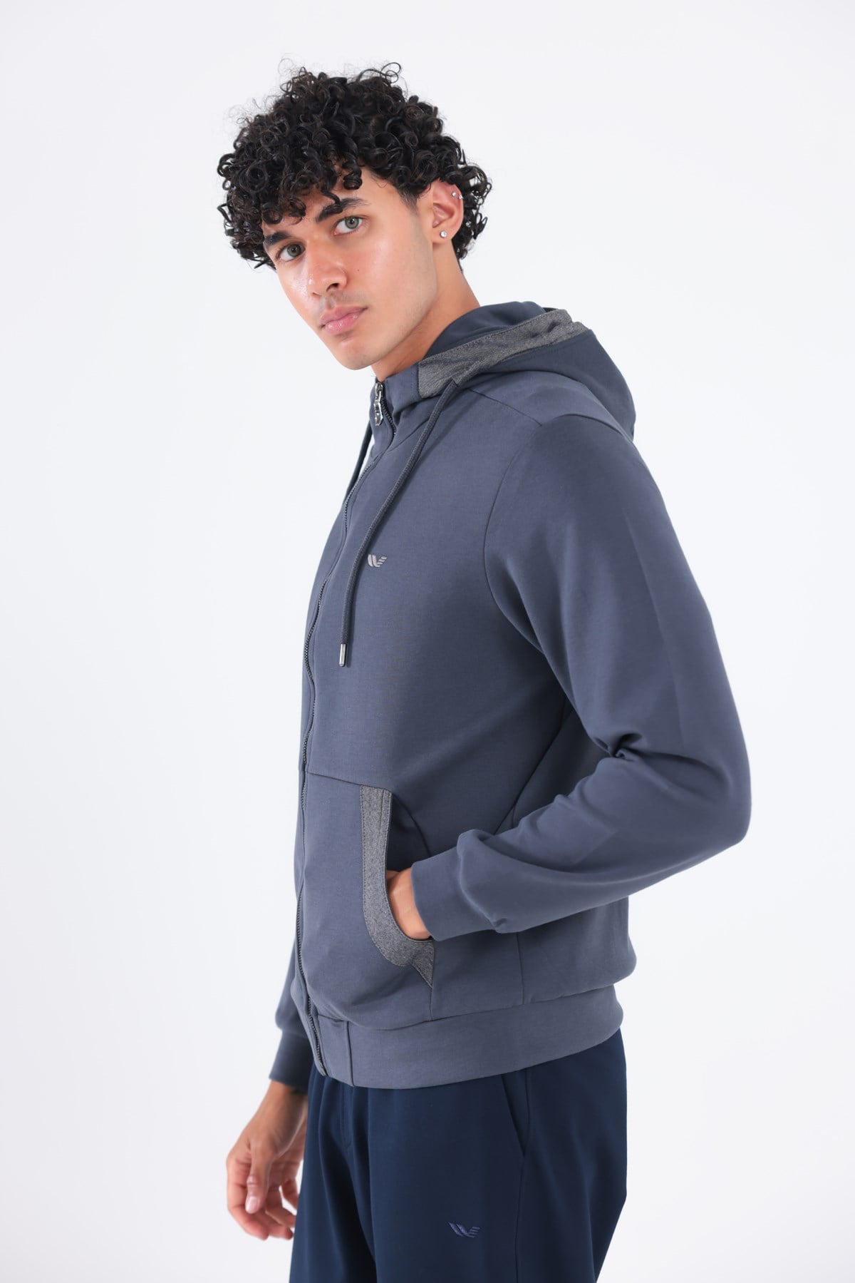 Modal Kumaş Kapüşonlu Fermuarlı Kontrast Detaylı Erkek Sweatshirt