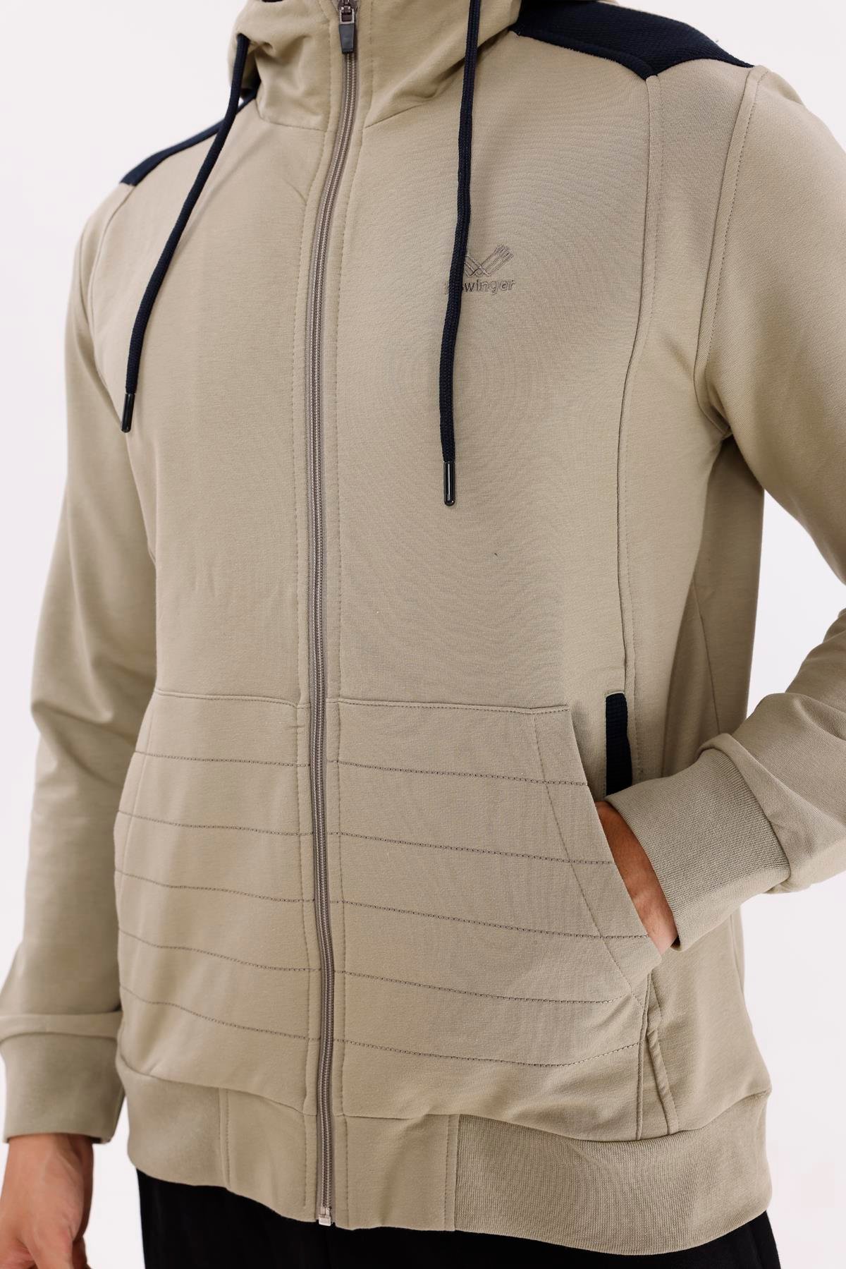 Omuz Panel Detaylı Fermuarlı Kapüşonlu Erkek Sweatshirt