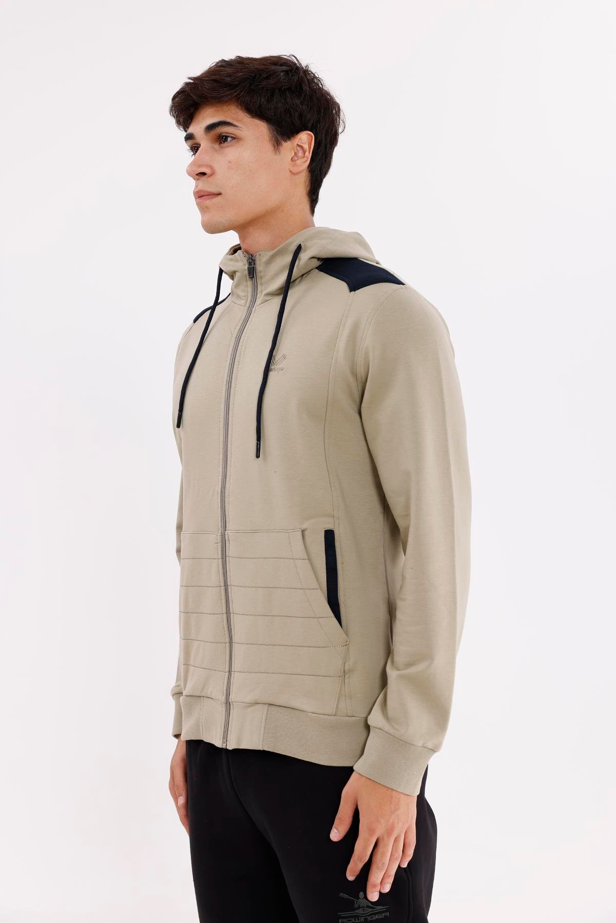 Omuz Panel Detaylı Fermuarlı Kapüşonlu Erkek Sweatshirt