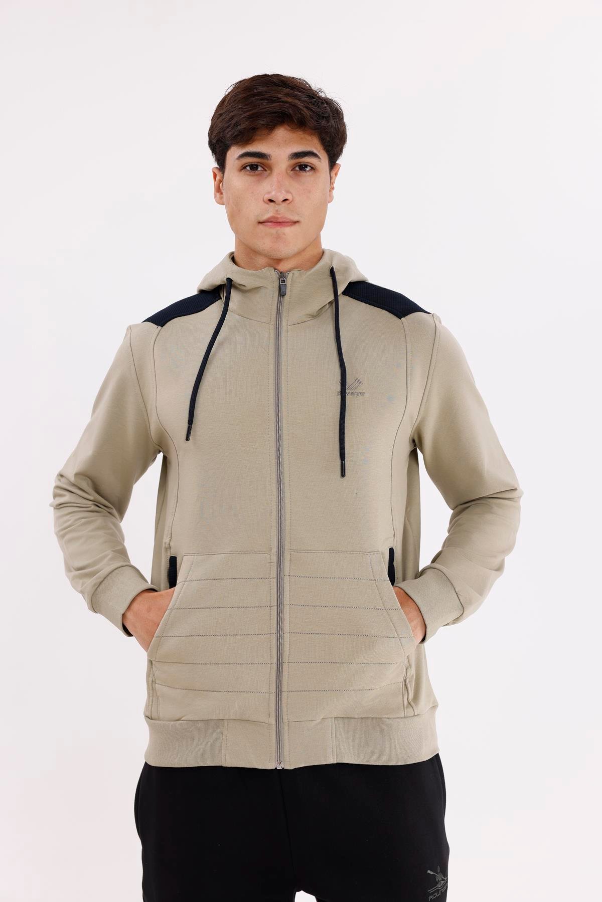 Omuz Panel Detaylı Fermuarlı Kapüşonlu Erkek Sweatshirt