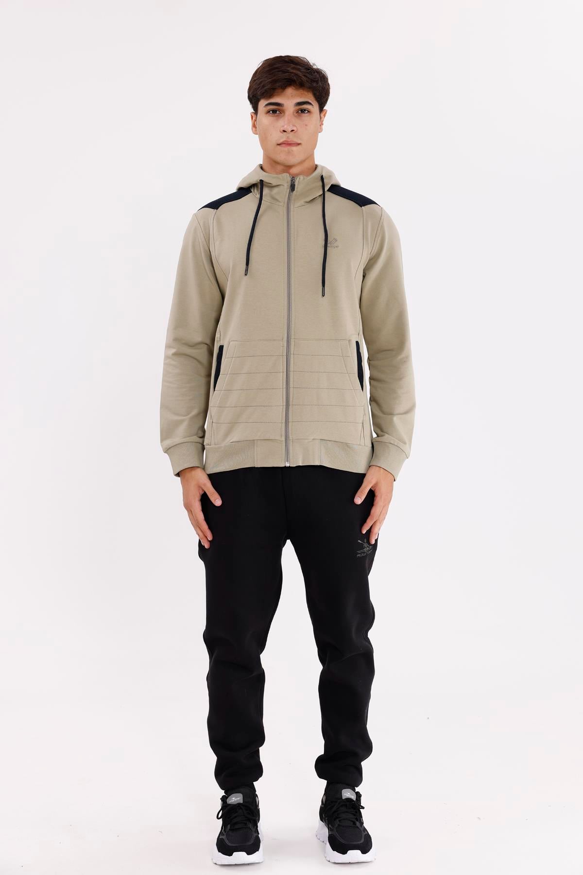 Omuz Panel Detaylı Fermuarlı Kapüşonlu Erkek Sweatshirt