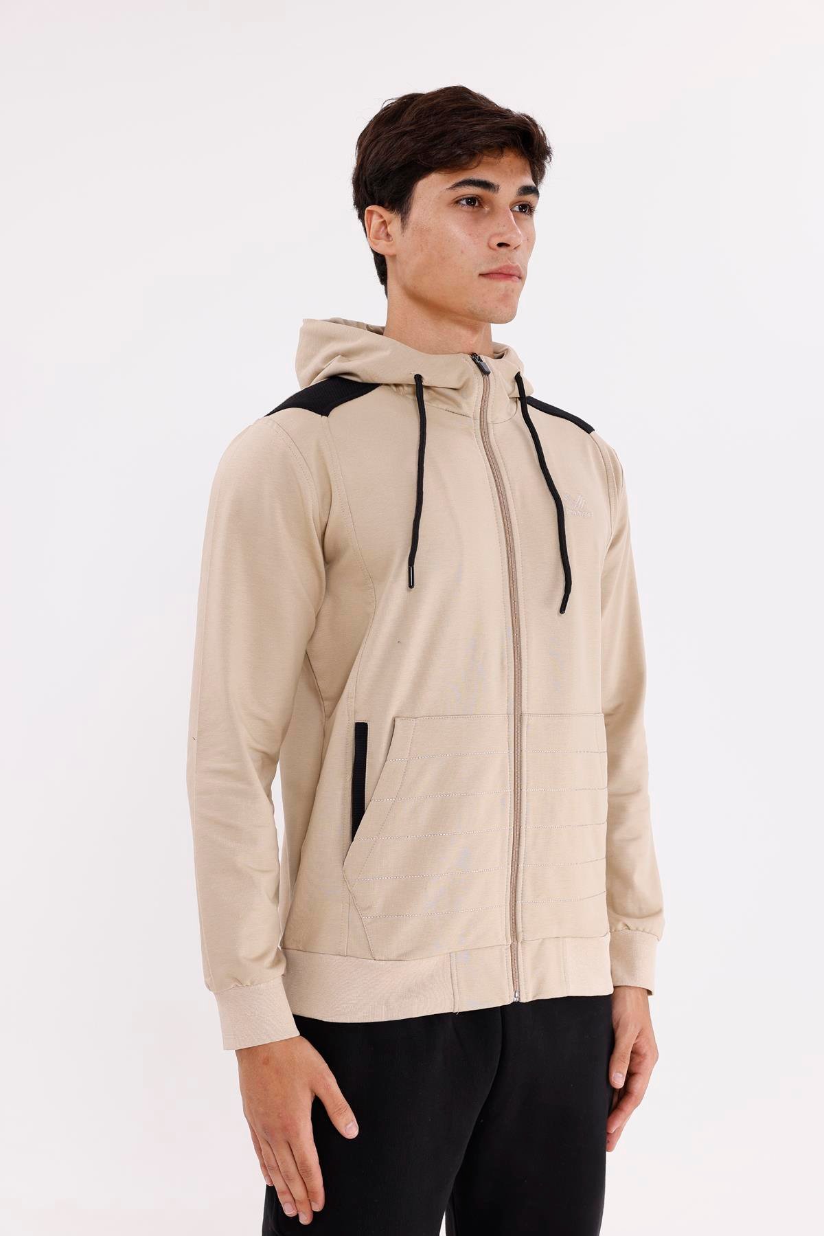 Omuz Panel Detaylı Fermuarlı Kapüşonlu Erkek Sweatshirt